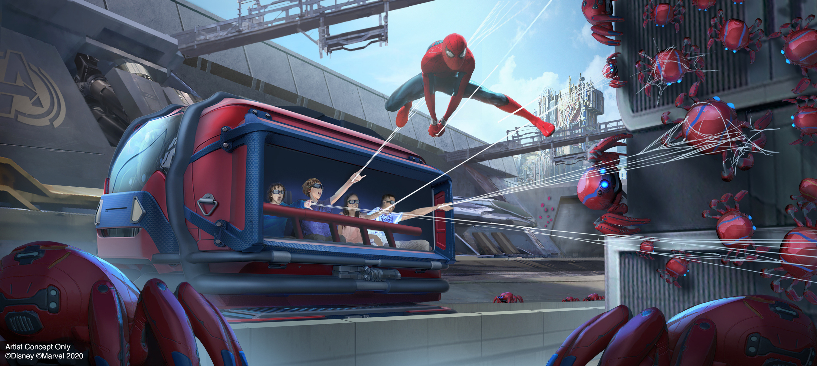 WEB SLINGERS: A Spider-Man Adventure in Avengers Campus at Disney California Adventure Park in Anaheim, California, will allow Super Hero recruits to put their web-slinging skills to the test as they team up with Spider-Man to capture his out-of-control Spider-Bots before they wreak havoc on the Campus. Avengers Campus opens summer 2020. (Disneyland Resort)