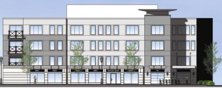 Rendering of a four-story, rectangular building.