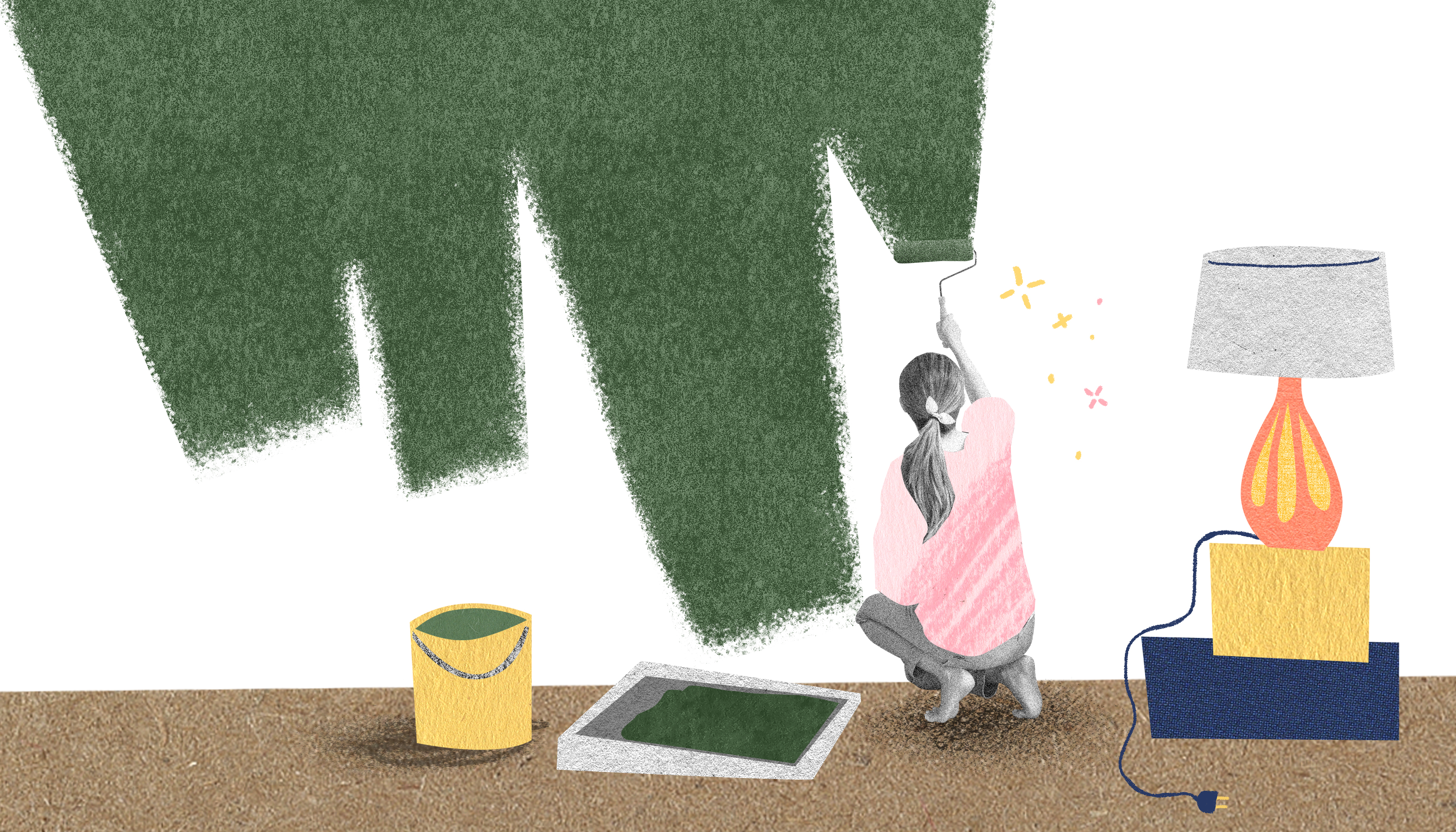 A woman kneels in her living room in an oversized pink tee shirt. She is painting her wall green with a paint roller. A paint bucket and roller tray sits to her left. Illustration.