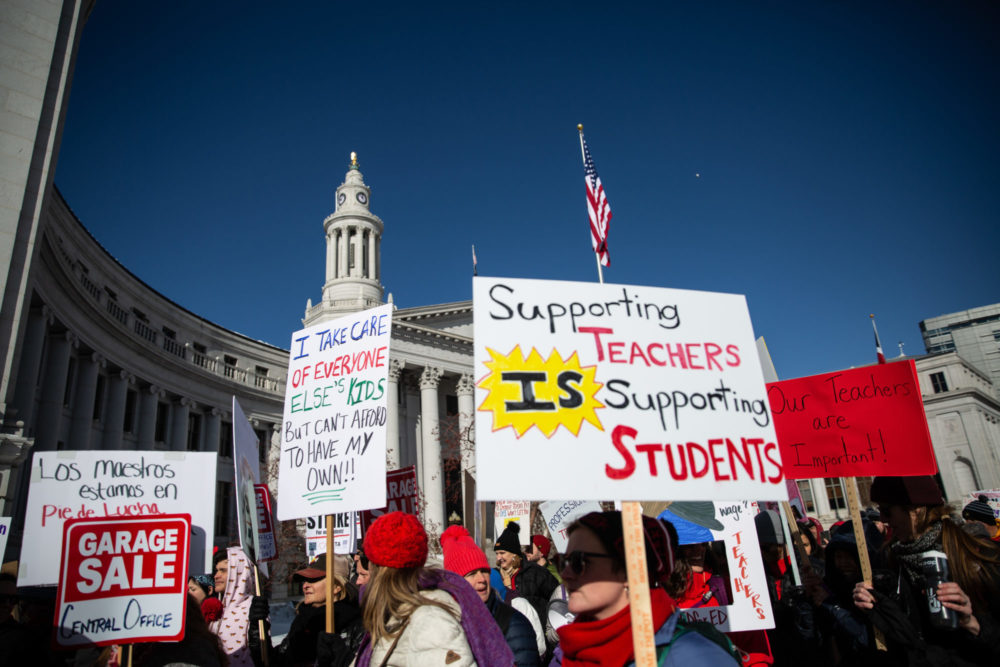 Denver teachers rally on the first day of a three-day strike in February 2019.
