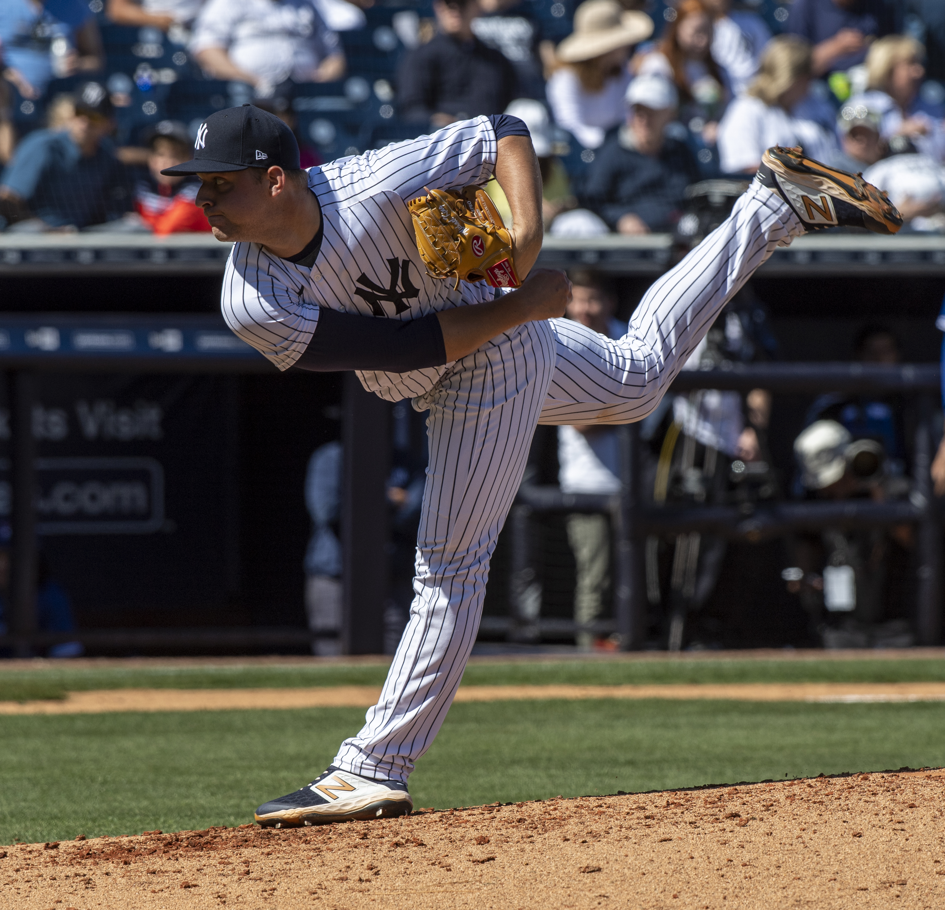 New York Yankees Mike King pitches during preseason game against Toronto Blue Jays