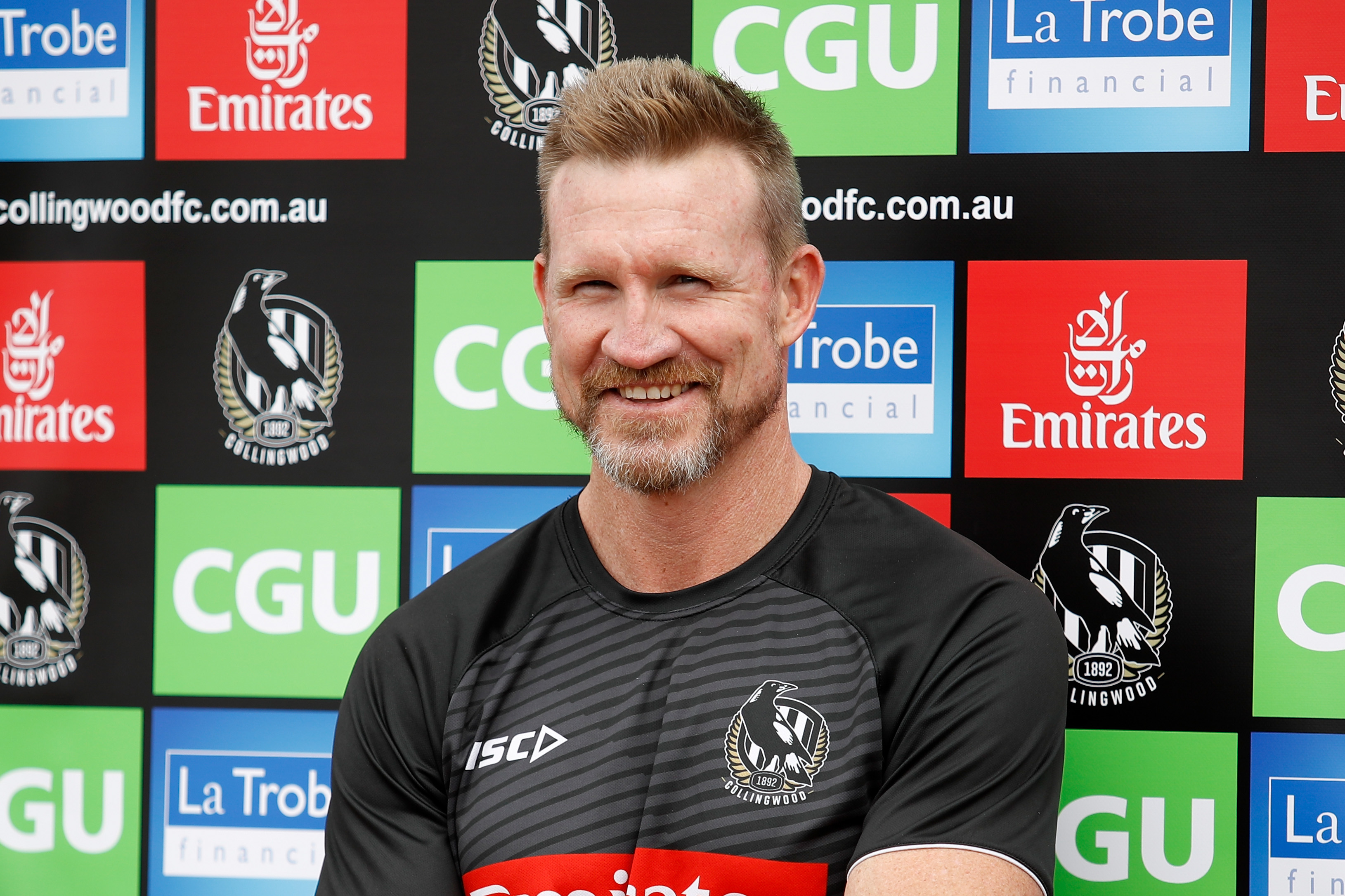 Nathan Buckley, Senior Coach of the Magpies speaks to the media during the Collingwood Magpies training session at Olympic Park Oval on March 18, 2020 in Melbourne, Australia.