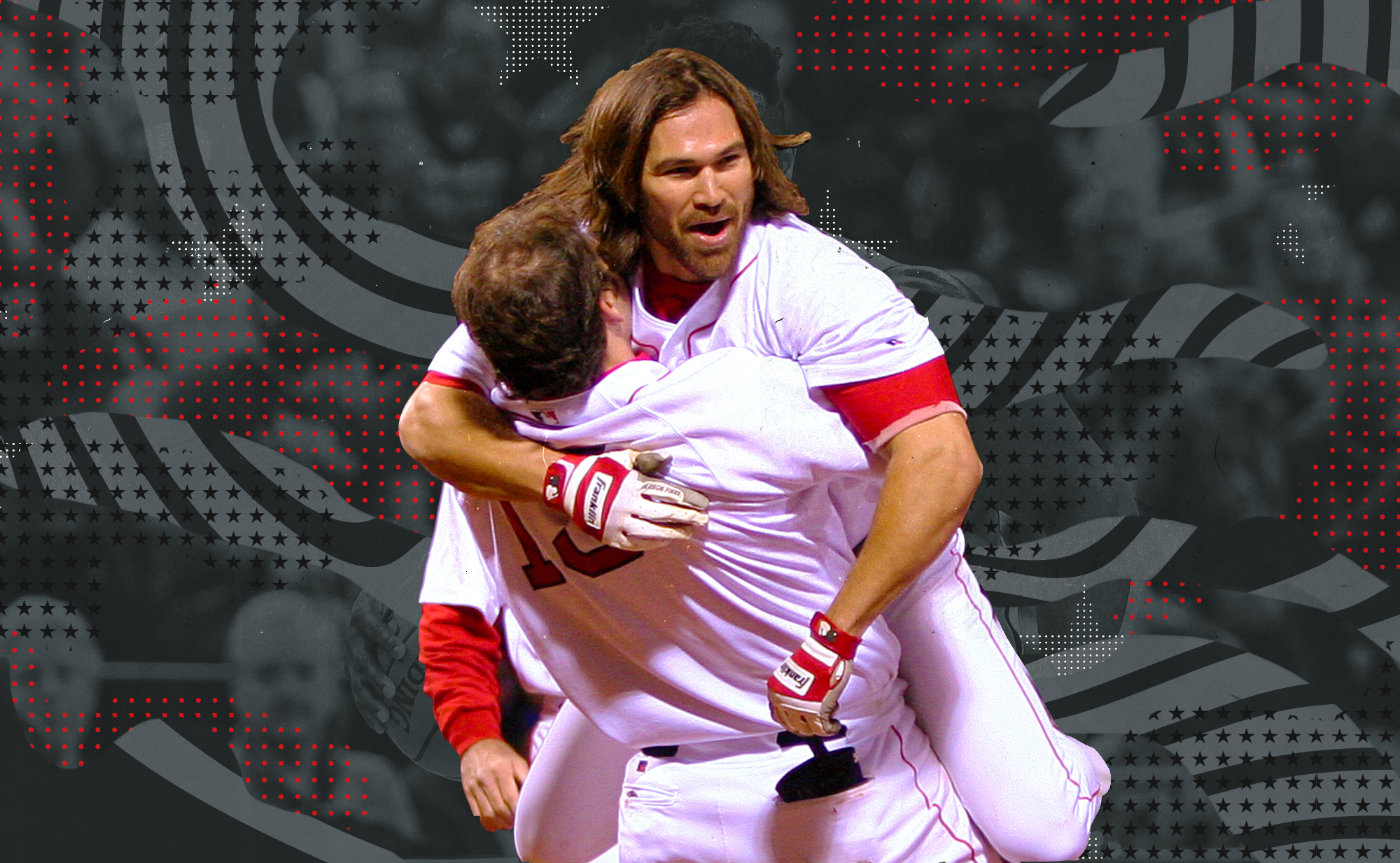 Johnny Damon jumps in a teammate’s arms after sealing a 5-4 Red Sox victory over the New York Yankees in game 5 of the American League Championship series.