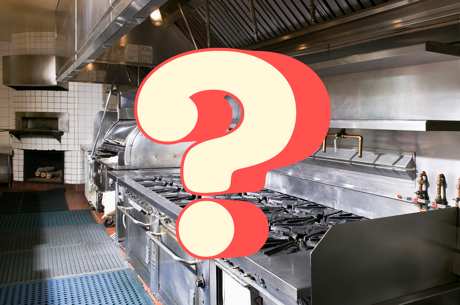 An empty restaurant kitchen, with a graphic of a question mark illustrated on top.