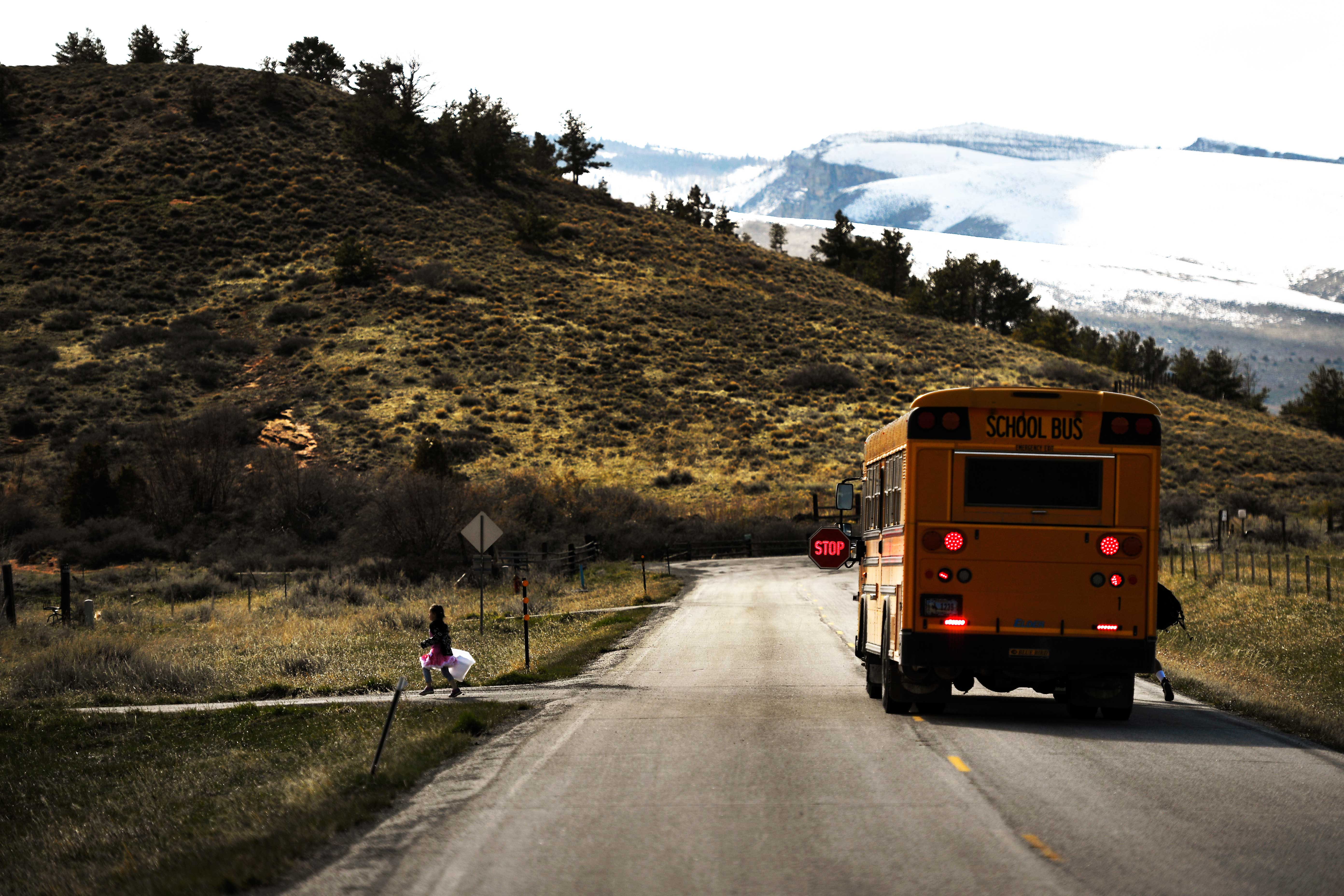 A Wyoming Indian School bus drops off children at the Wind River Indian Reservation.