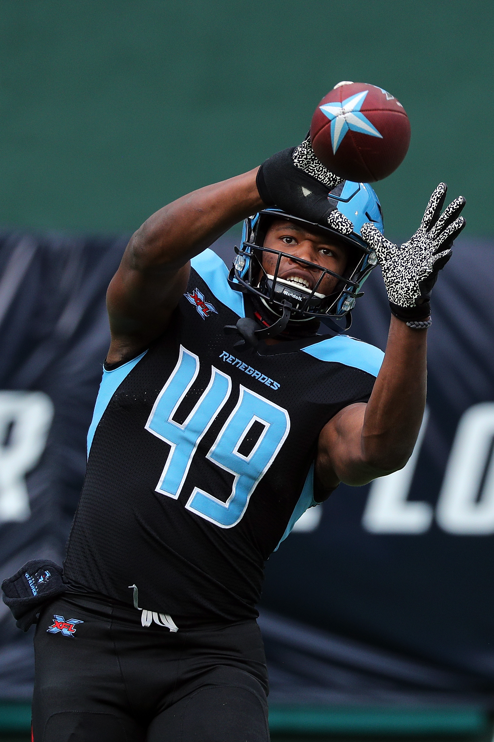 Donald Parham #49 of the Dallas Renegades catches a pass during warm ups before an XFL football game against the New York Guardians on March 07, 2020 in Arlington, Texas.