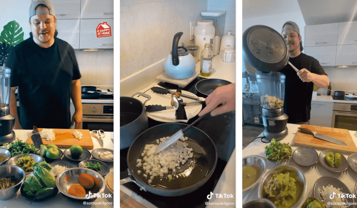 Three videos that show a man cooking in a home kitchen.