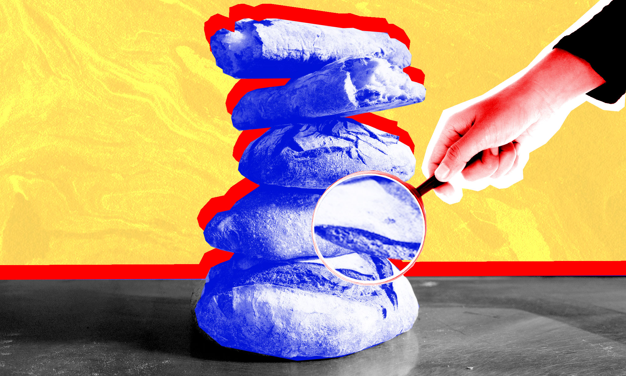 Five loaves of bread stacked atop each other, with a hand holding up a magnifying glass to the stack.