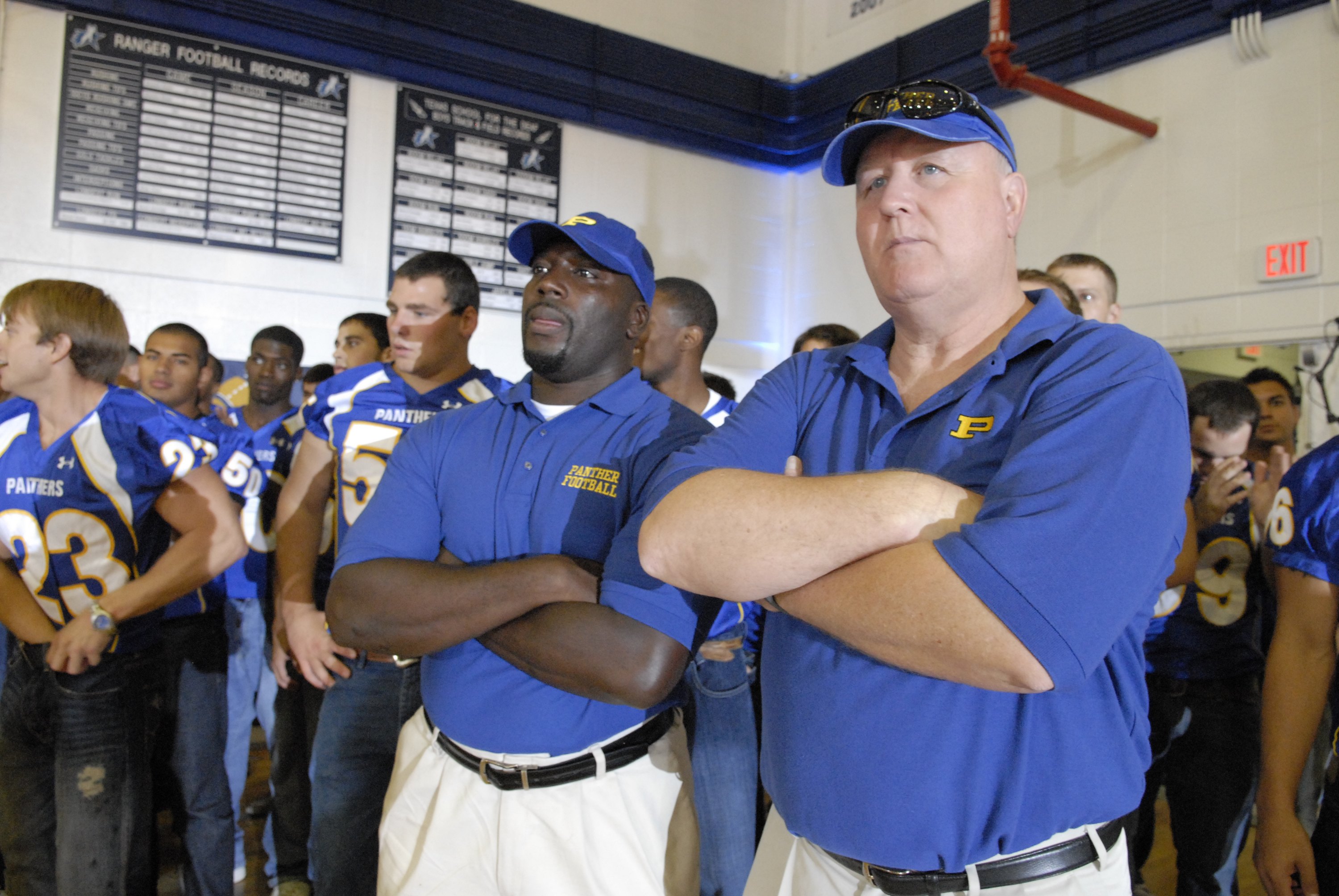 FRIDAY NIGHT LIGHTS — “East of Dillon” Episode 401 — Pictured: (l-r) Aaron Spivey-Sorrells as Coach Spivey, Timothy F. Crowley as Coach Crowley