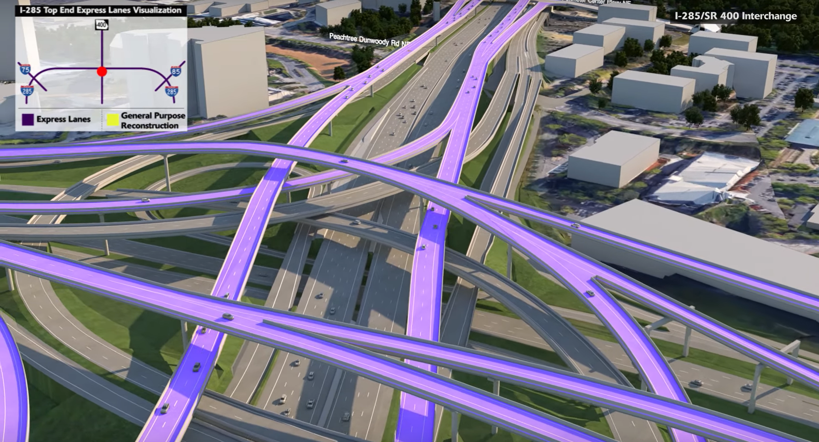 A rendering shows in purple the new express lanes weaving through the existing infrastructure.
