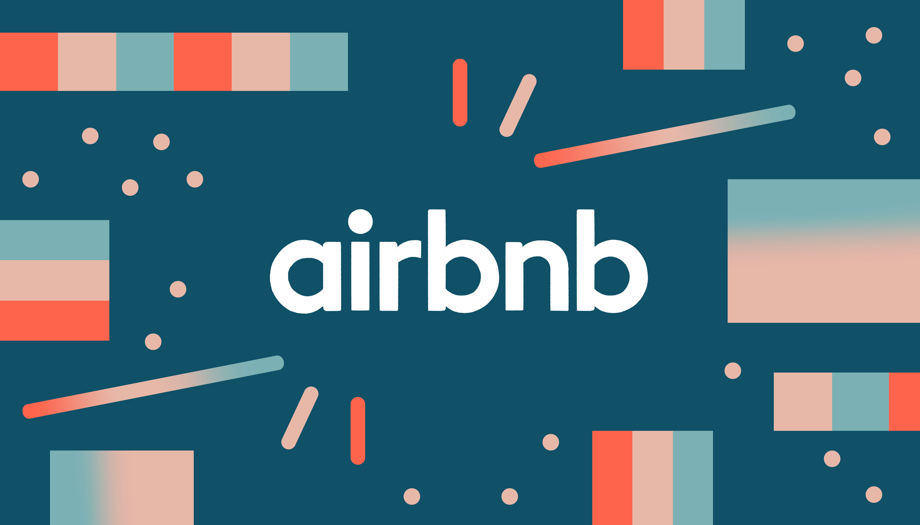 Illustration with text “airbnb” against pink and blue graphics.