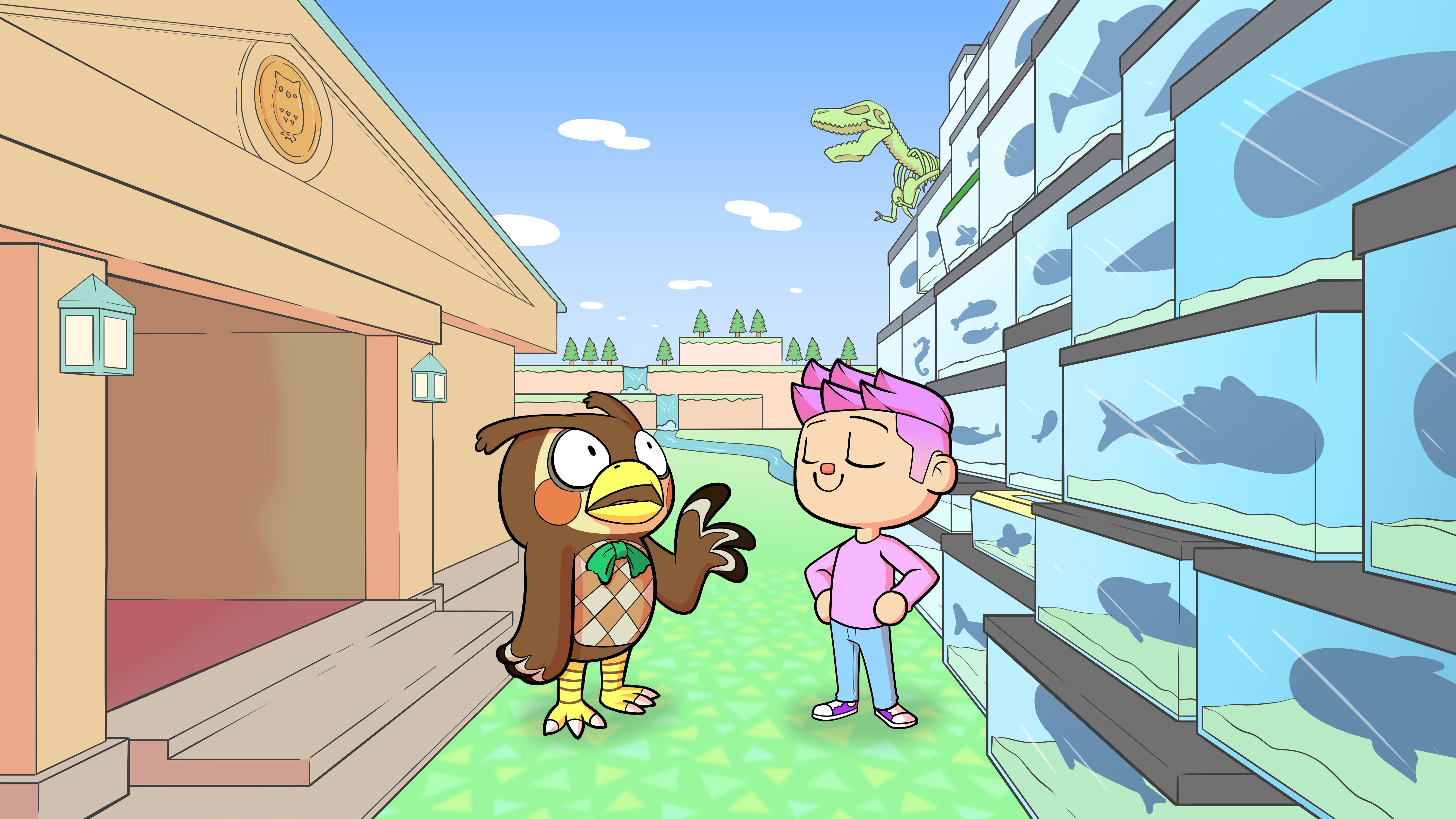 a character and an owl face each other in front of a museum and a collection of fish tanks.