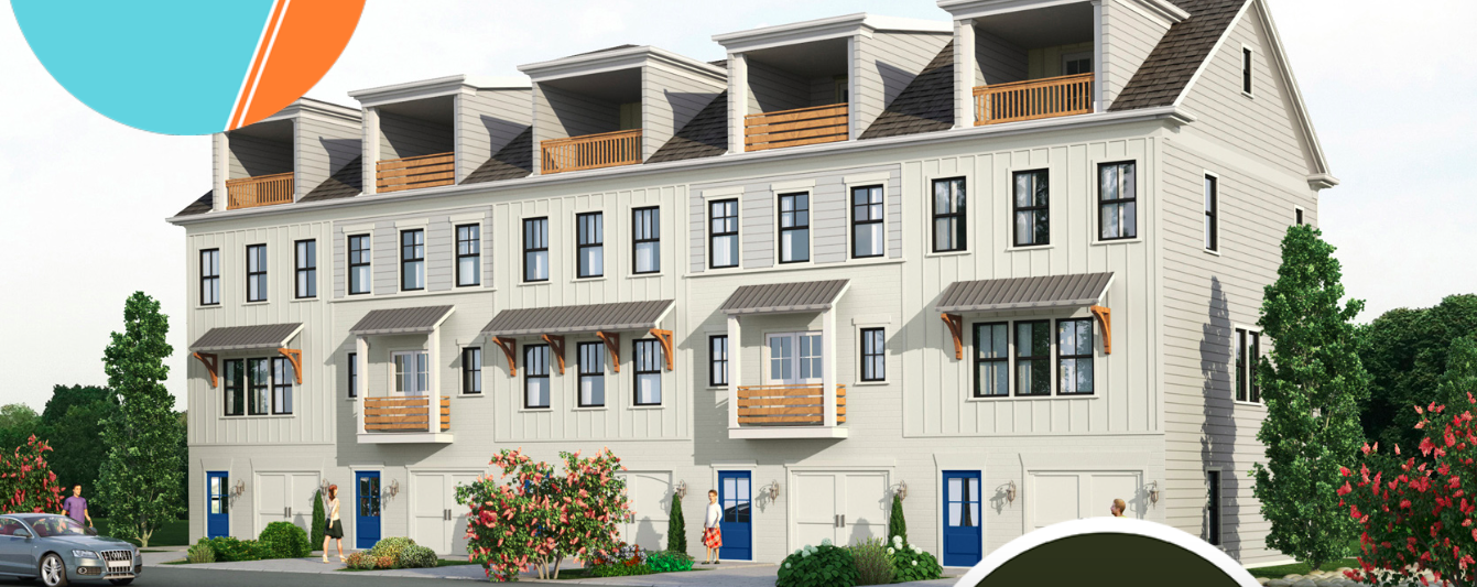 A row of white townhomes with balconies up top. 