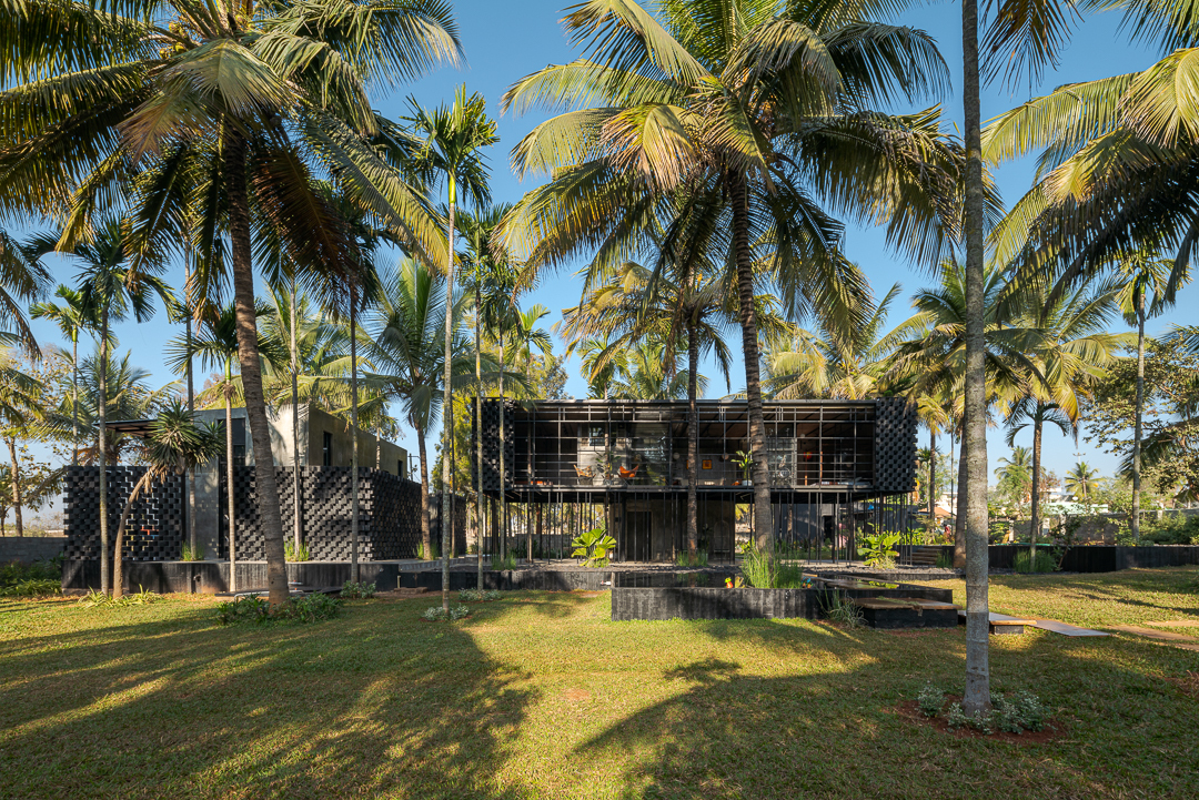 House sitting on stilts surrounded by coconut trees.