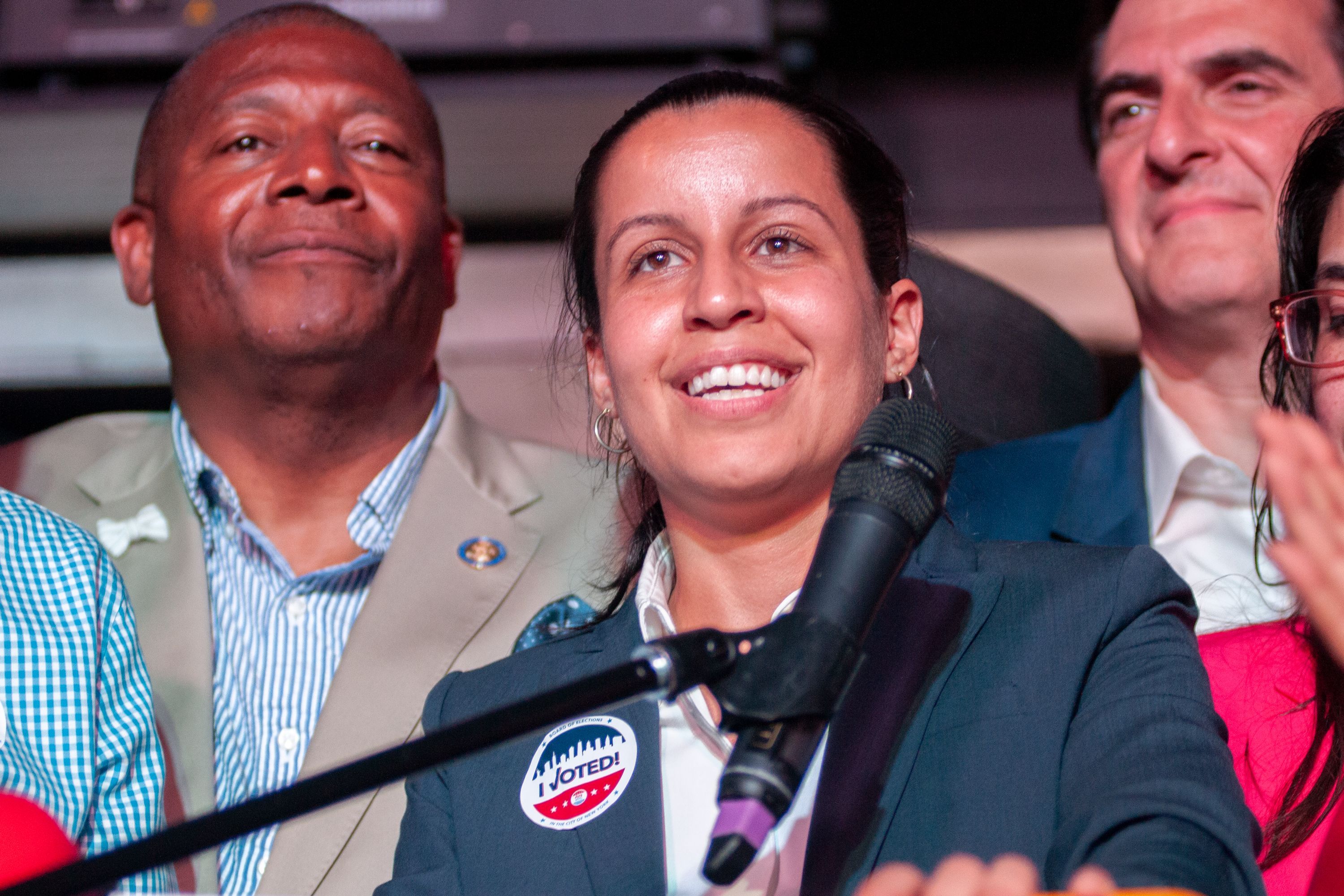 Tiffany Cabán addresses supporters after polls close in the Democratic primary for Queens district attorney, June 25, 2019.