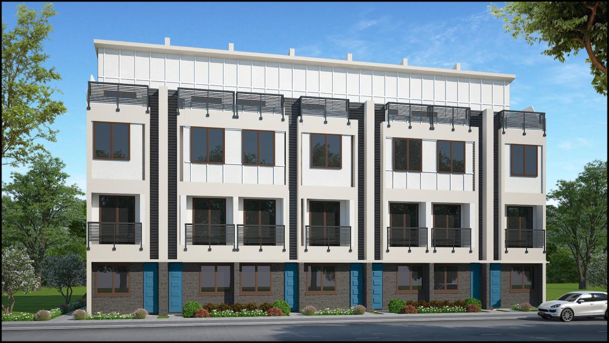 A rendering showing a row of seven townhomes with entrances underneath. 
