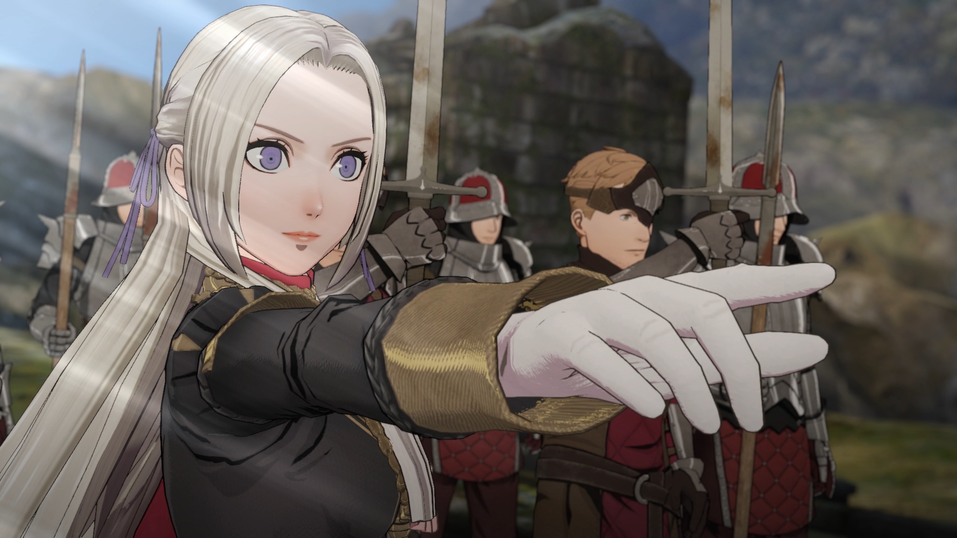 Edelgard points while surrounded by soldiers in Fire Emblem: Three Houses