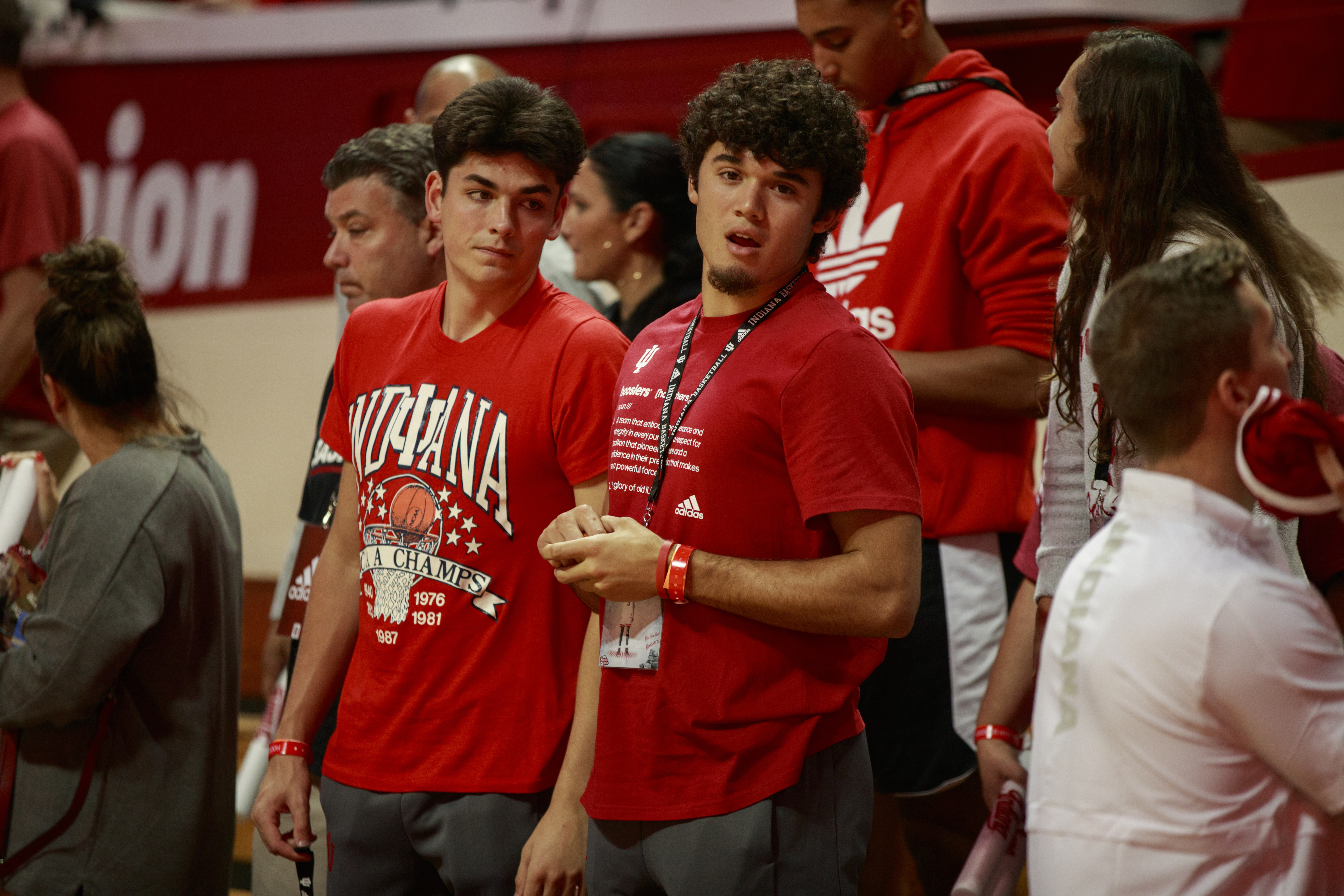 IU recruits Trey Galloway, left, and Anthony Leal, right, visit Assembly Hall for Hoosier Hysteria in 2019.