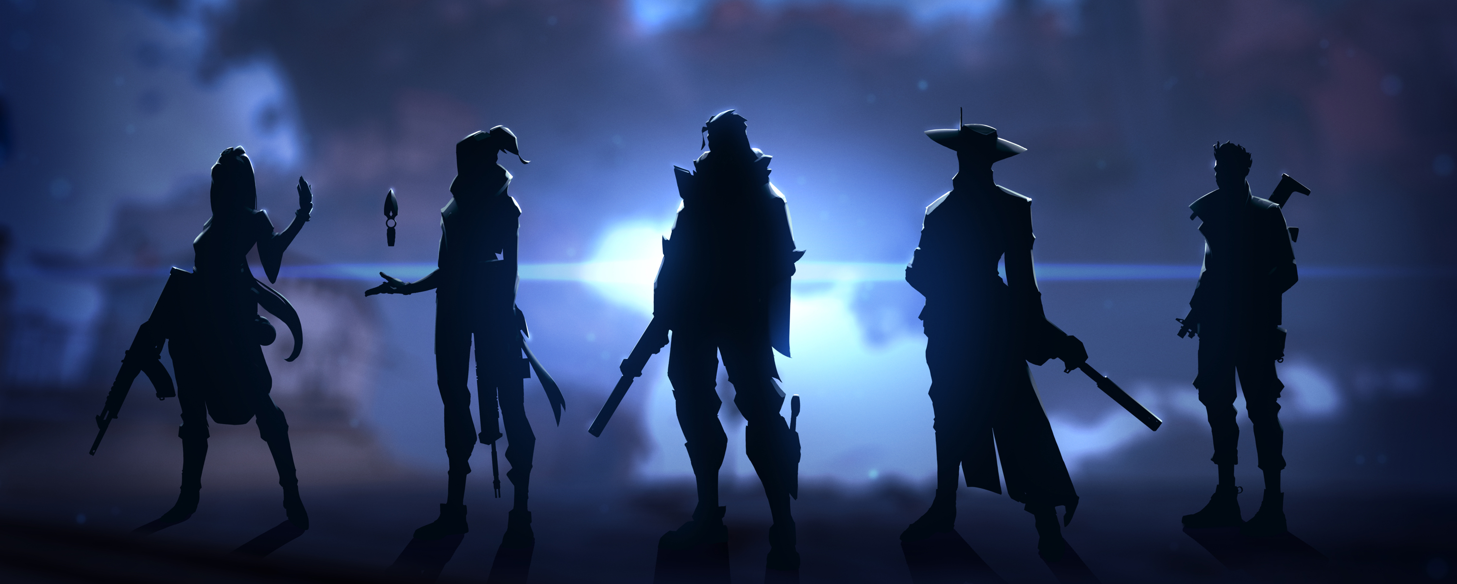 Five Valorant character stand in silhouettes against a dark and foggy background