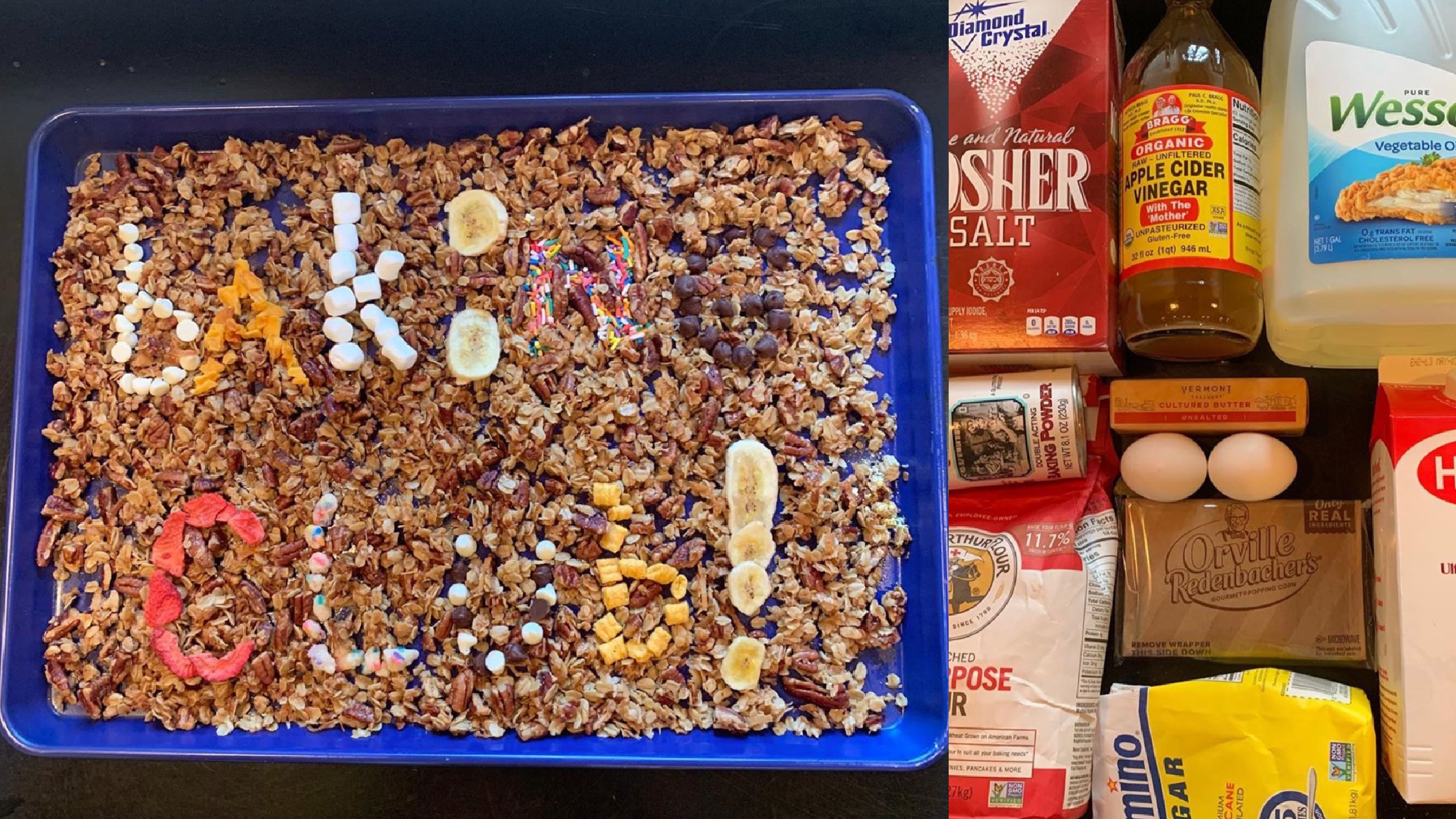 On the left, “baking club” spelled out with granola ingredients on a blue enamel tray. On the right, baking ingredients like sugar, flour, and eggs, shot from above.