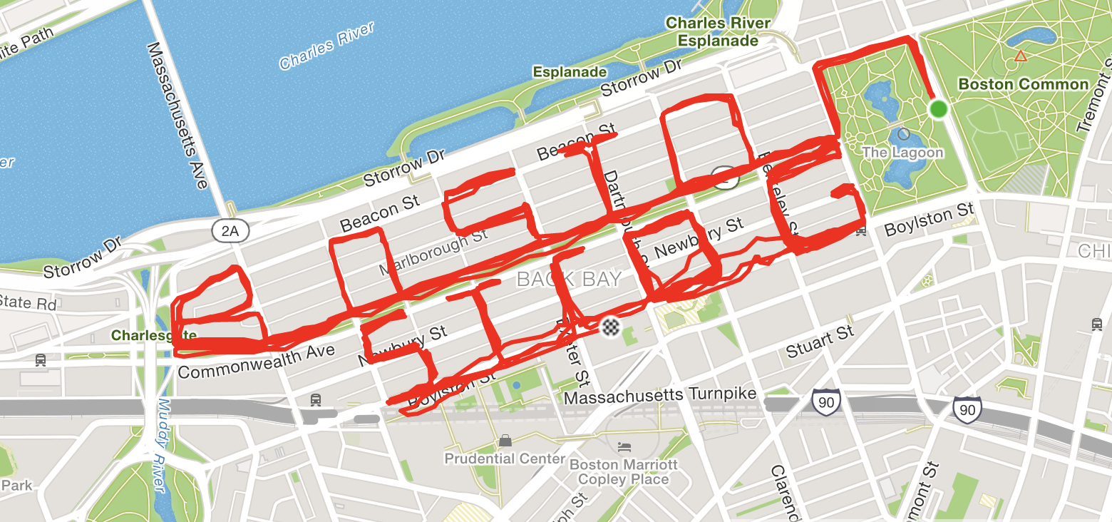 Map of Boston streets with Lindsay Devers’ GPS marathon route in red lines, misspelling the words “BOSTON STRONG” as “BOSTON STROG”