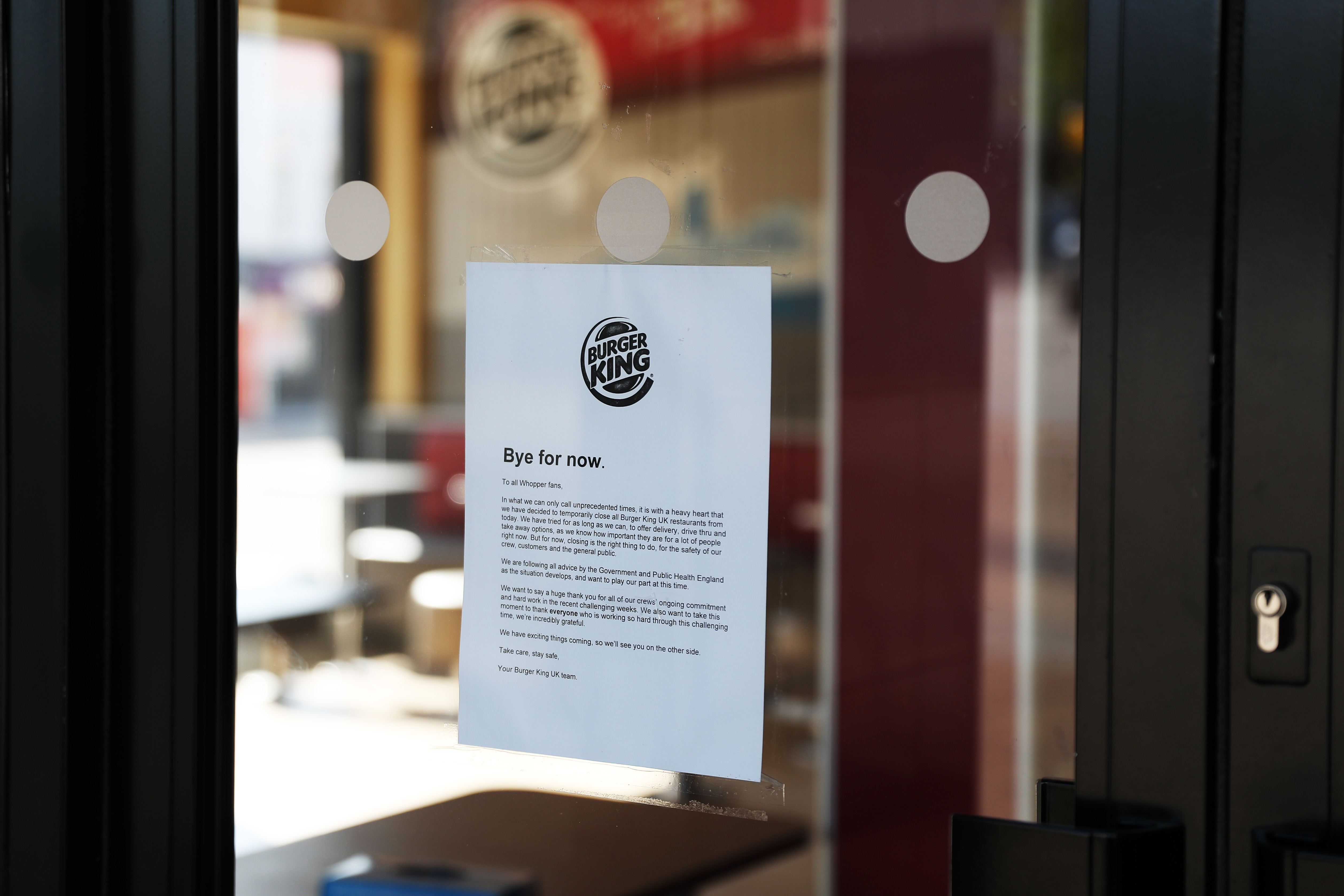 Burger King closure sign, as the fast food chain says it is withholding rent payments