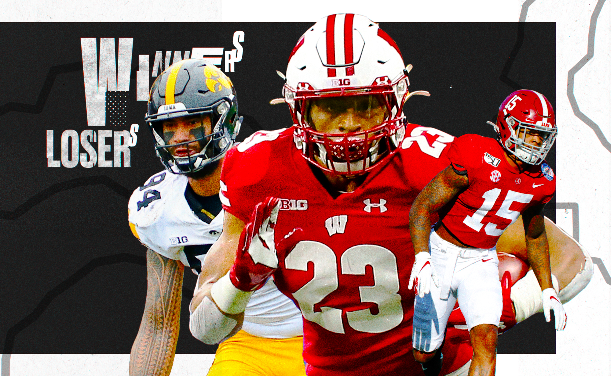 An art collage of NFL Draft picks AJ Epenesa (Iowa), Jonathan Taylor (Wisconsin), Xavier McKinney, superimposed on a black background with “winners and losers” in white lettering