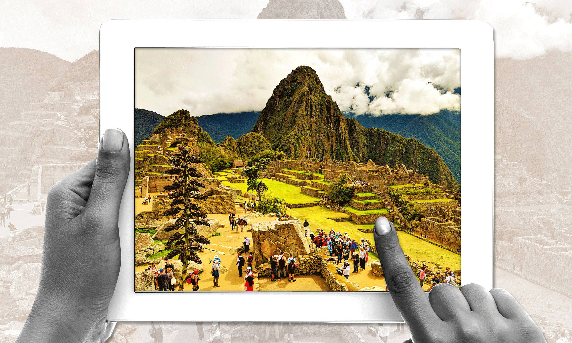 An image of a tablet depicting a scene of machu picchu with the tourists and other people slowly being deleted. 