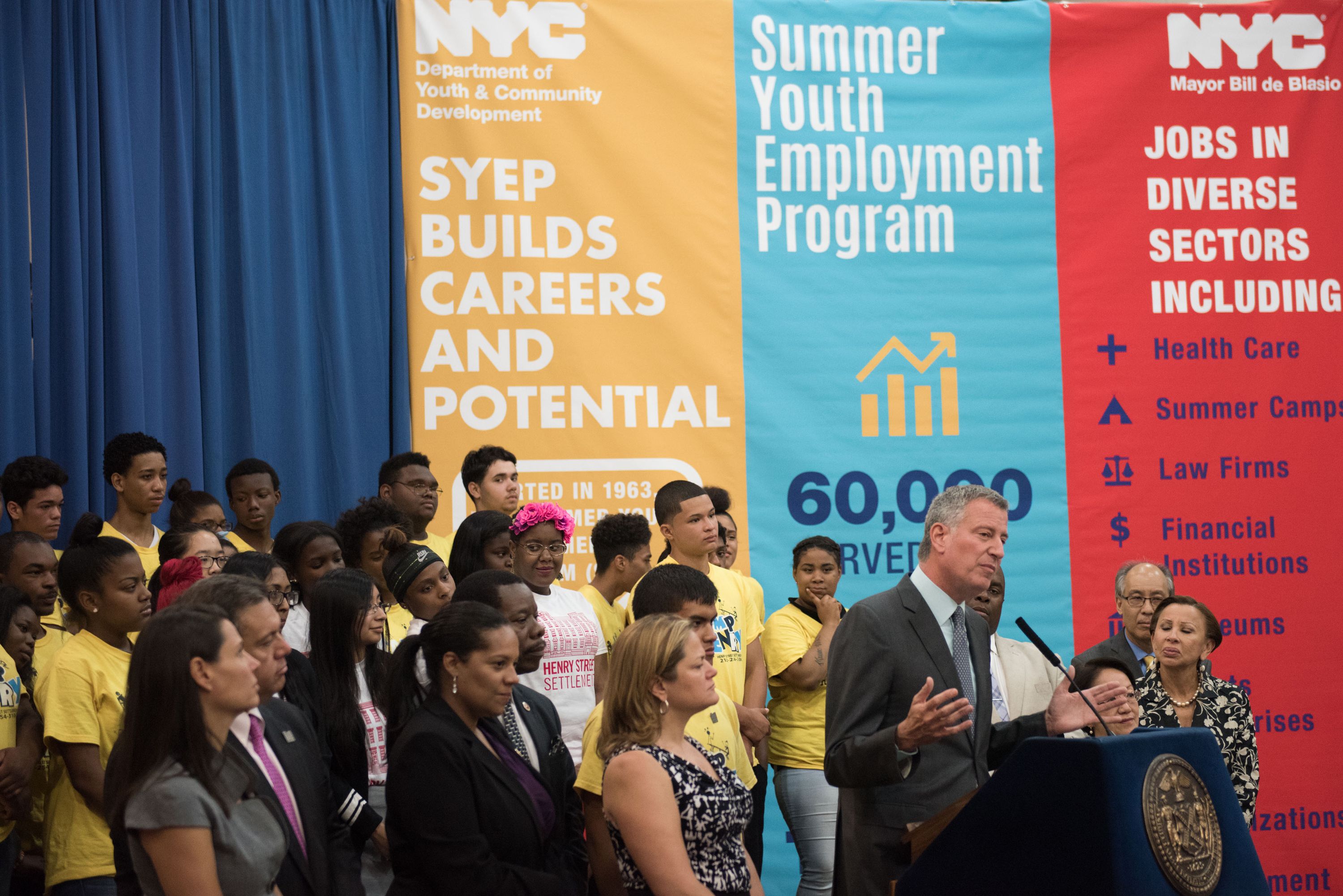 Mayor Bill de Blasio speaks at an event for the Summer Youth Employment Program in 2016.