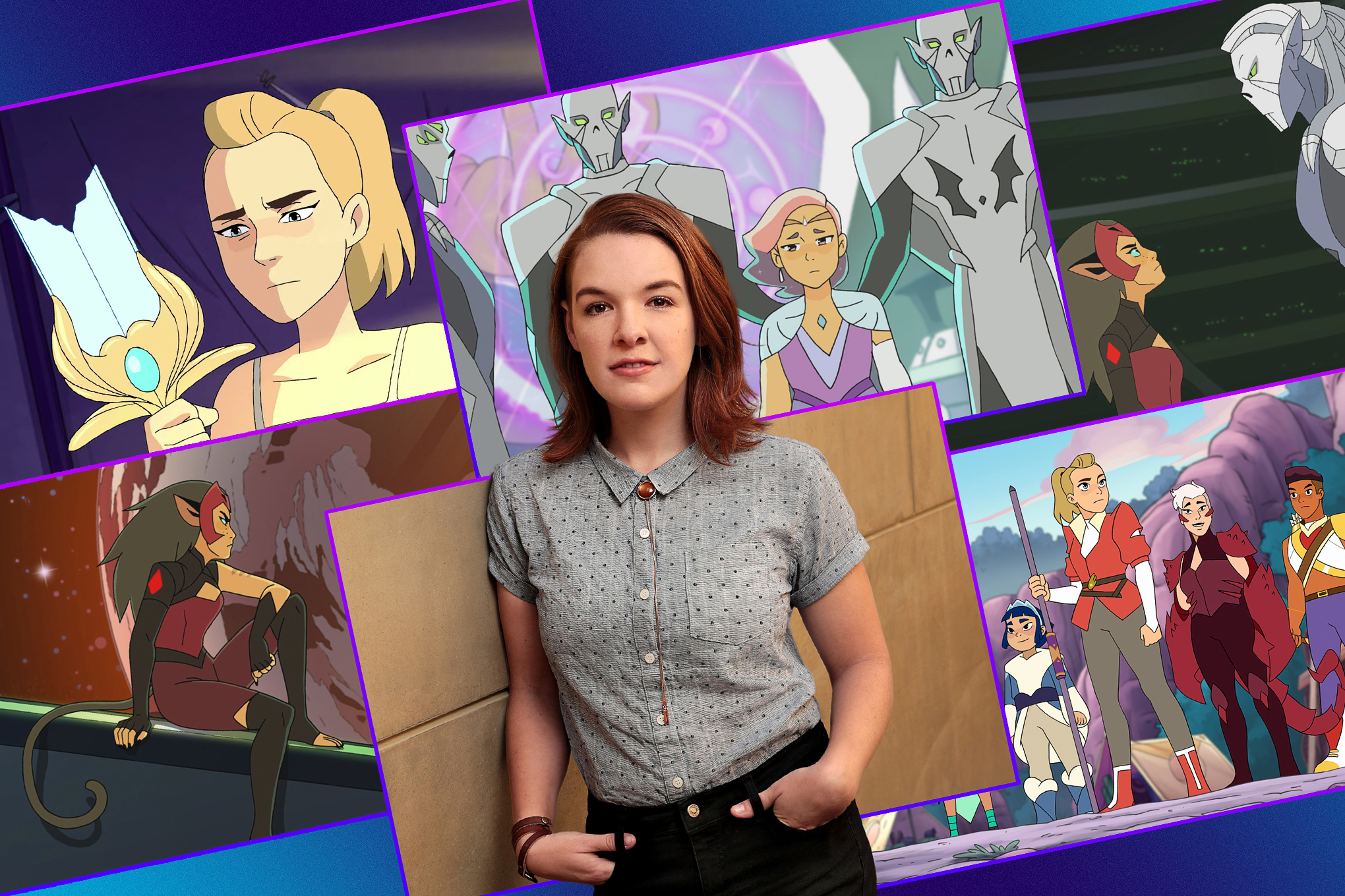 Grid with different images from the She-Ra animated series and a portrait of Noelle Stevenson in the center