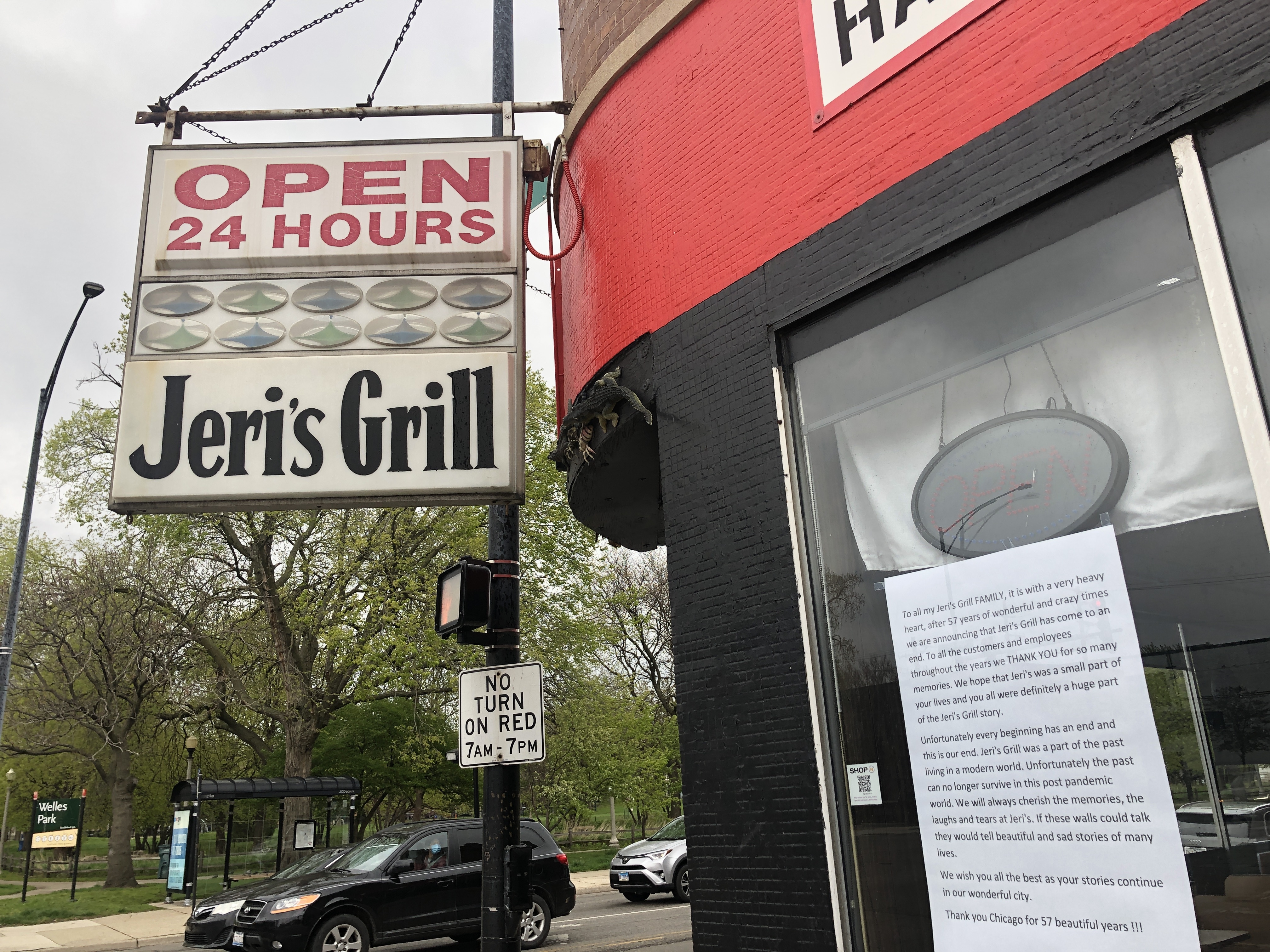 A sign reading “Open 24 Hours” and “Jeri’s Grill” hangs outside a diner.