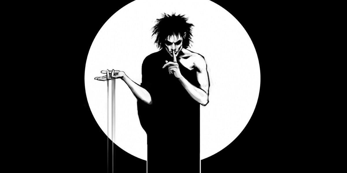 Morpheus holds a finger to his lips while sand slips from his fingers in a panel from Sandman