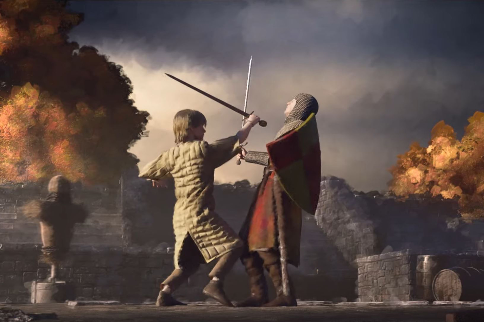 A still frame from the Crusader Kings 3 launch date reveal trailer shows a young prince training with a sword and shield.