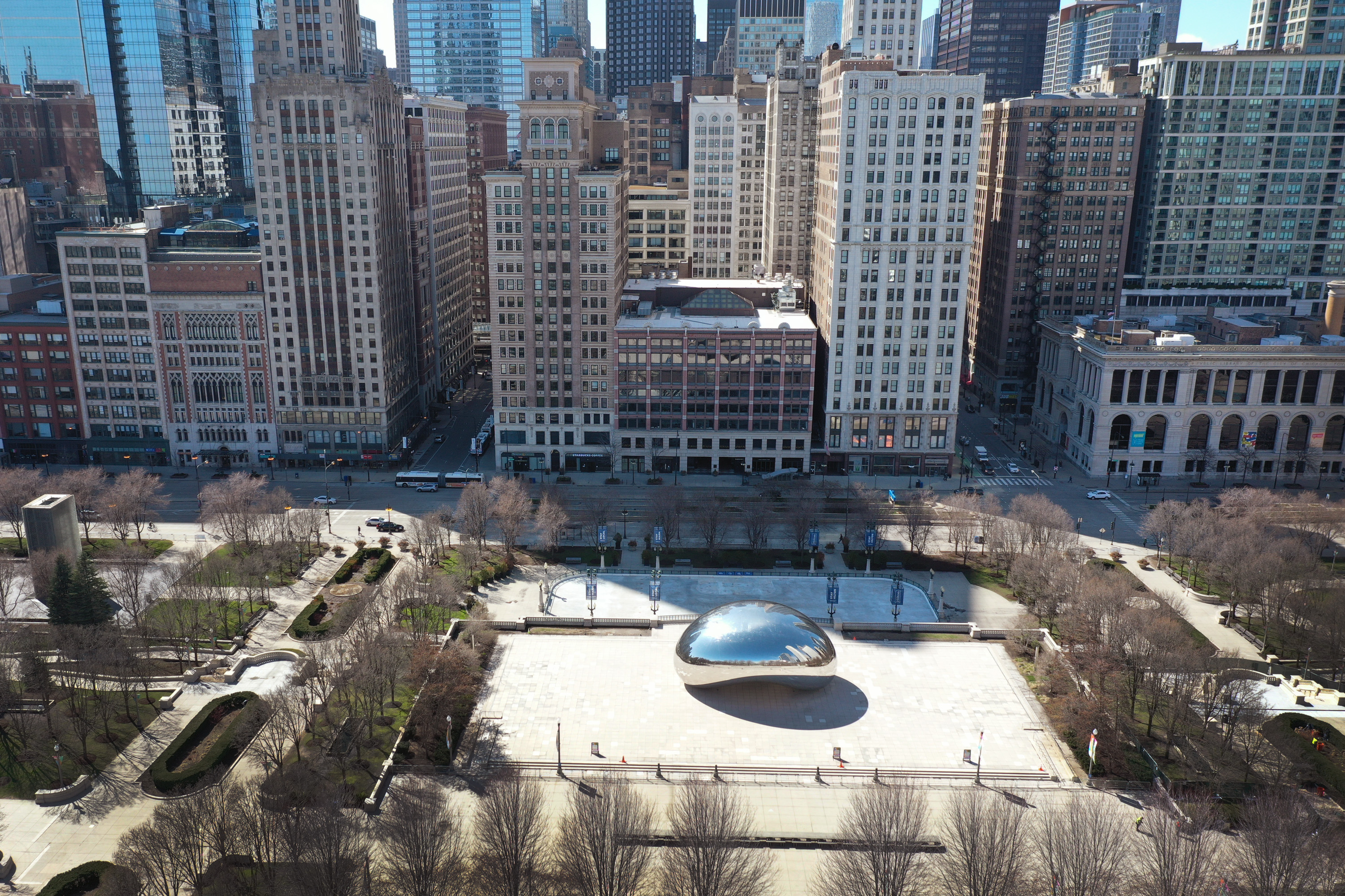 Millennium Park, a tourist mecca, sits empty. The coronavirus means fewer tourists will be visiting Chicago this year.