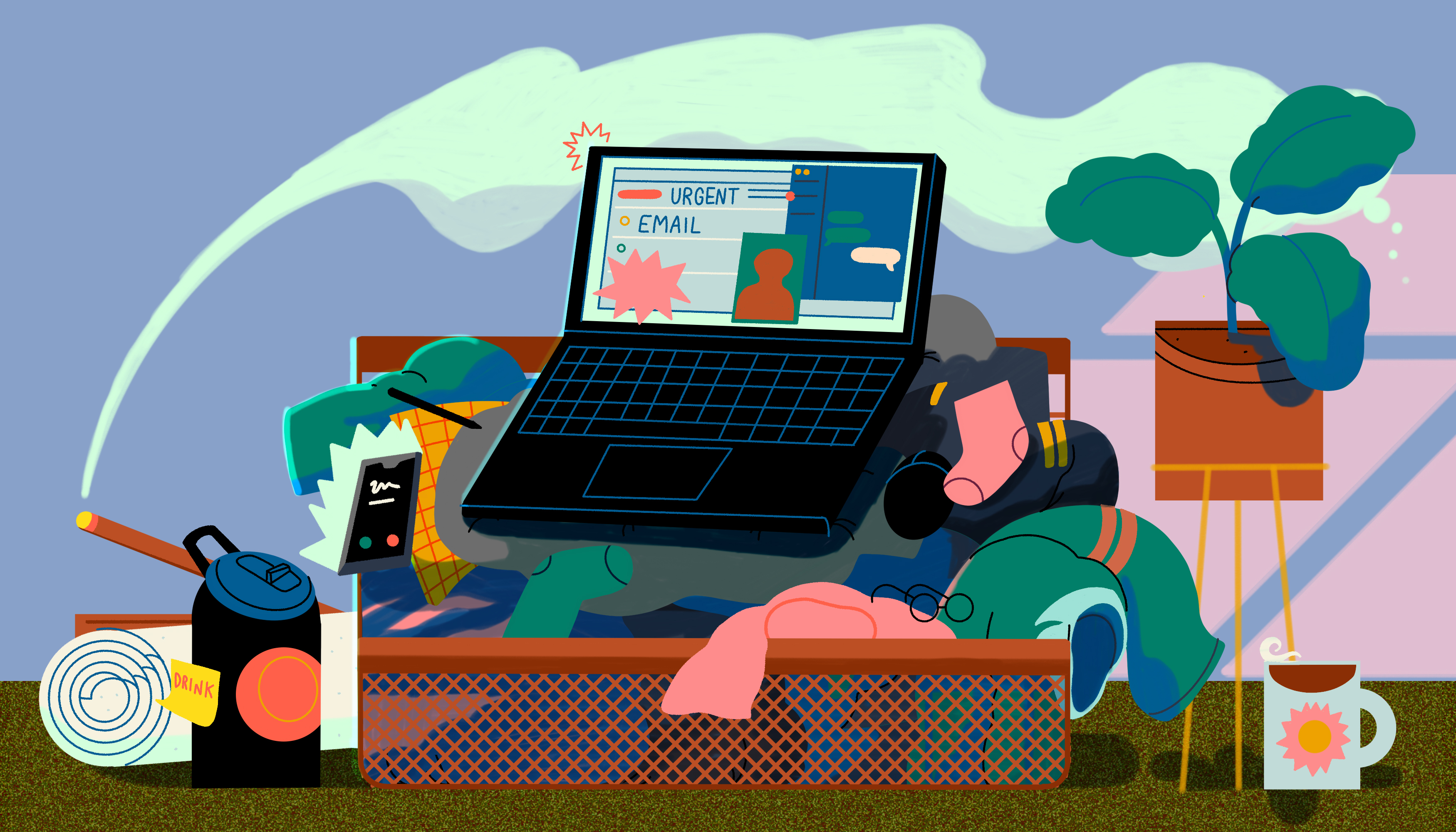 An open laptop flashing notifications sits on top of a pile of dirty laundry. Illustration.