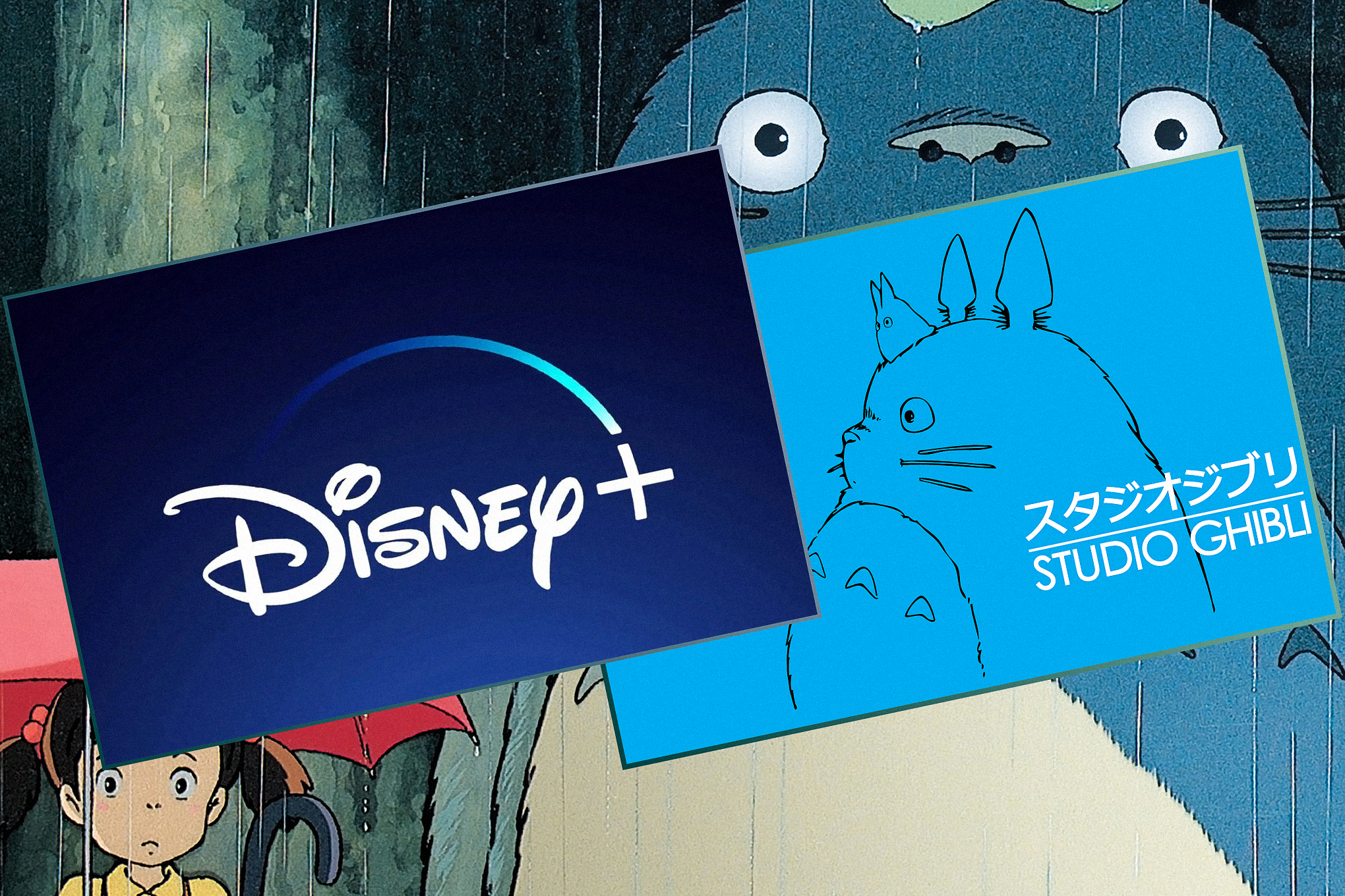 Still from Studio Ghibli movie ”My friend Tortoro” overlaid with two angled rectangles containing, one containing a Disney Plus logo and the other a Studio Ghibli logo