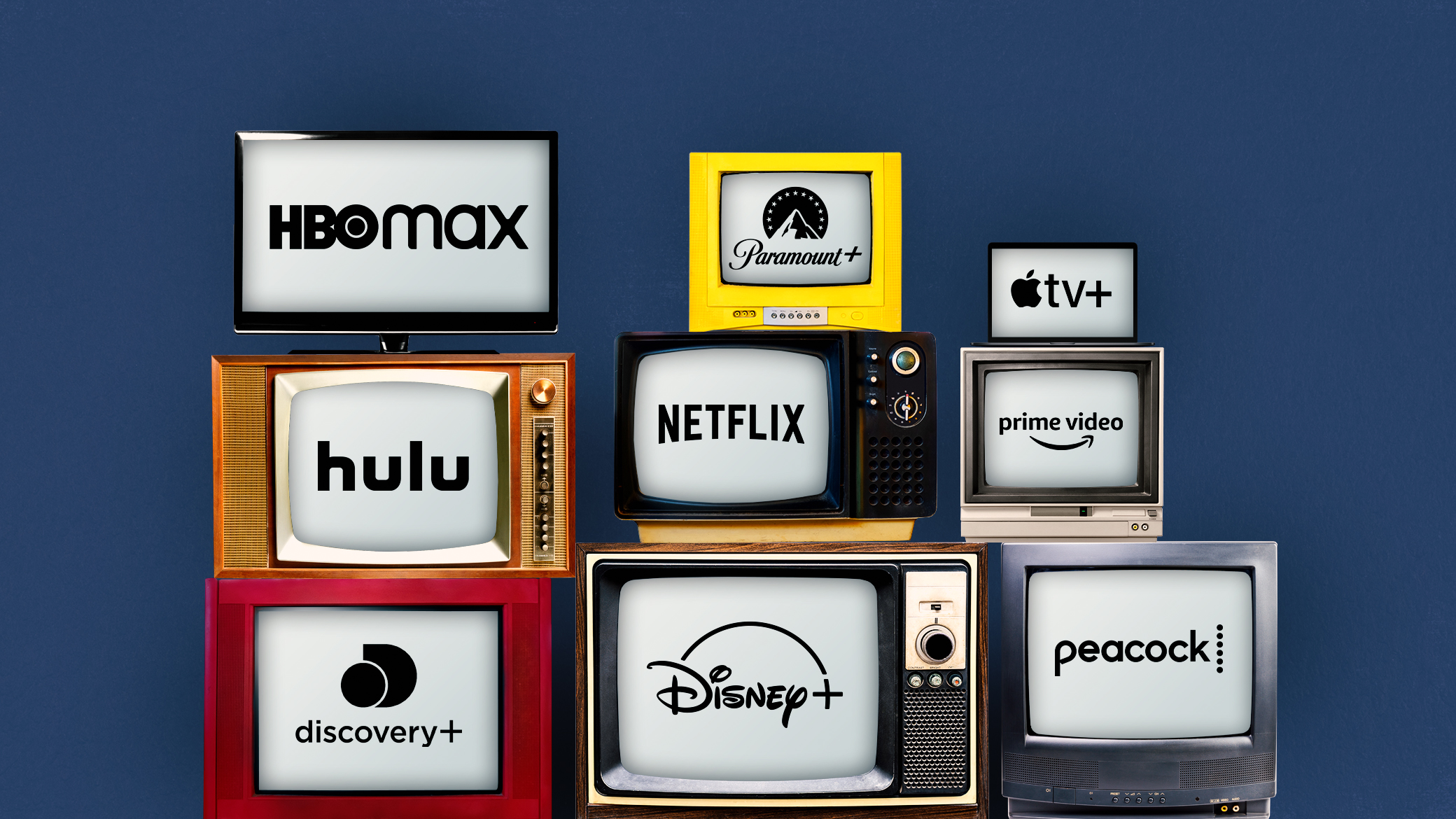 A stack of TVs with streaming logos displayed on them.