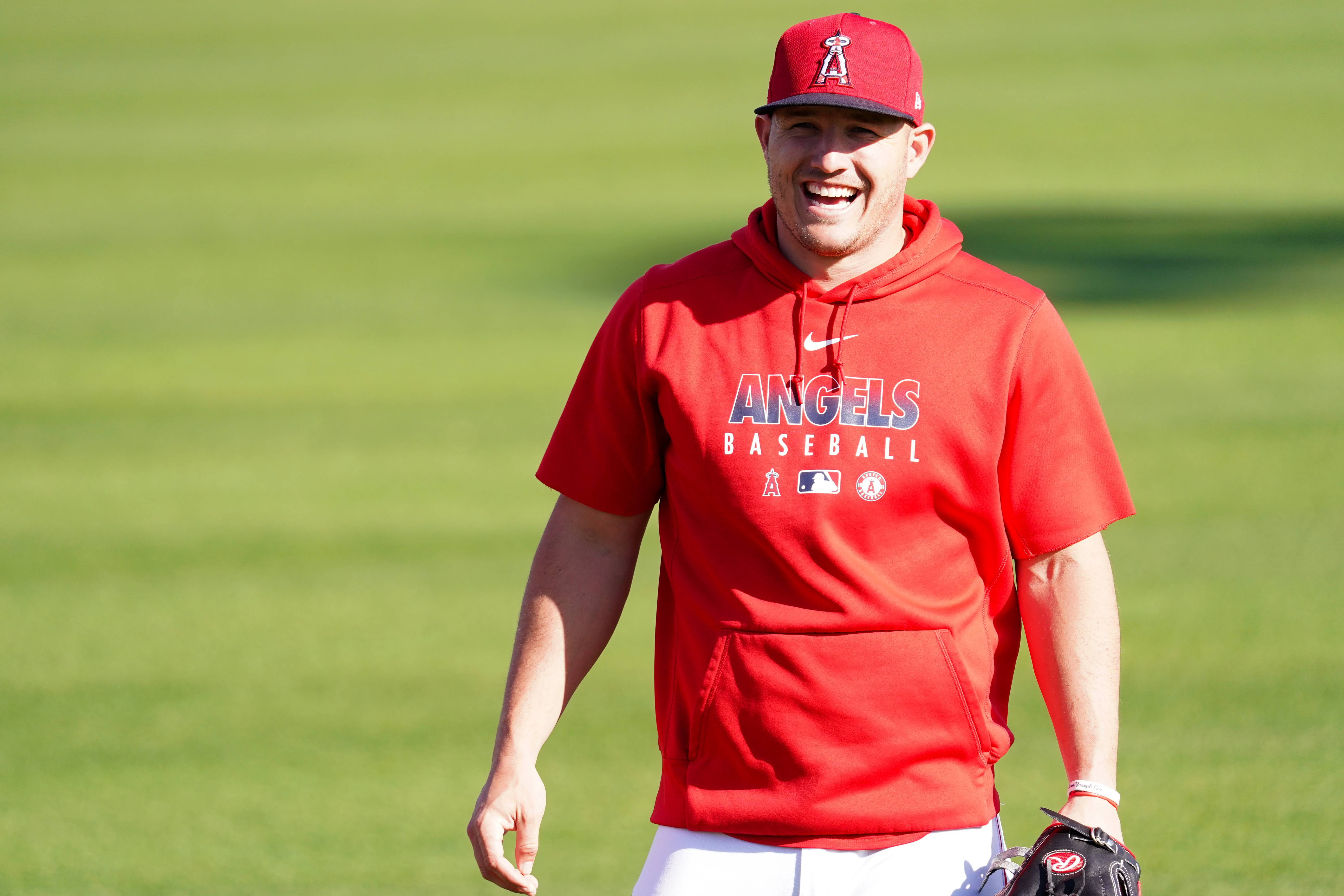 Mike Trout of the Los Angeles Angels smiles during a Los Angeles Angels Spring Training on February 27, 2020 in Tempe, Arizona.