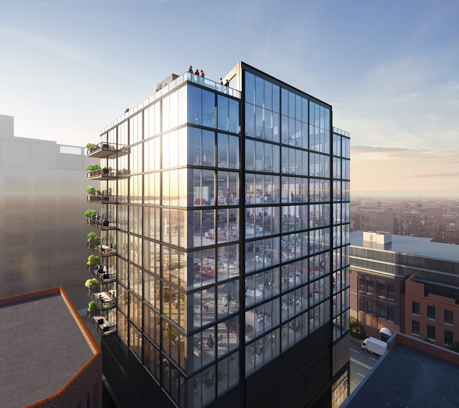 A rendering of the Fulton East building, 215 N. Peoria St., showing its balconies and rooftop open space.