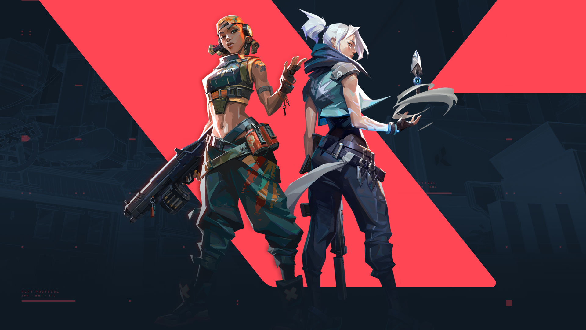 Raze and Jett from Valorant stand facing the camera with the game’s logo behind them