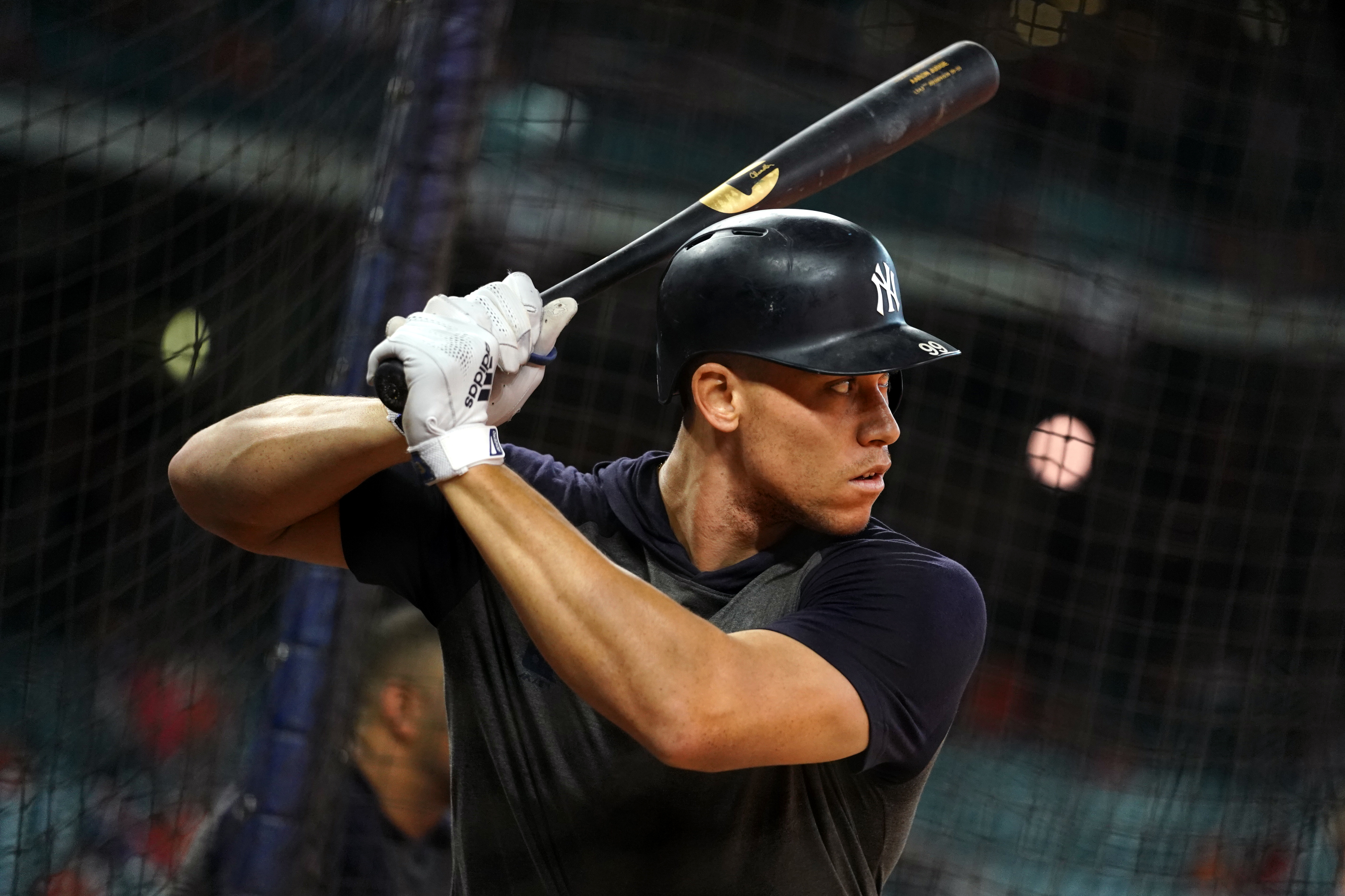 Aaron Judge #99 of the New York Yankees hits batting practice prior to Game 6 of the ALCS between the New York Yankees and the Houston Astros at Minute Maid Park on Saturday, October 19, 2019 in Houston, Texas.