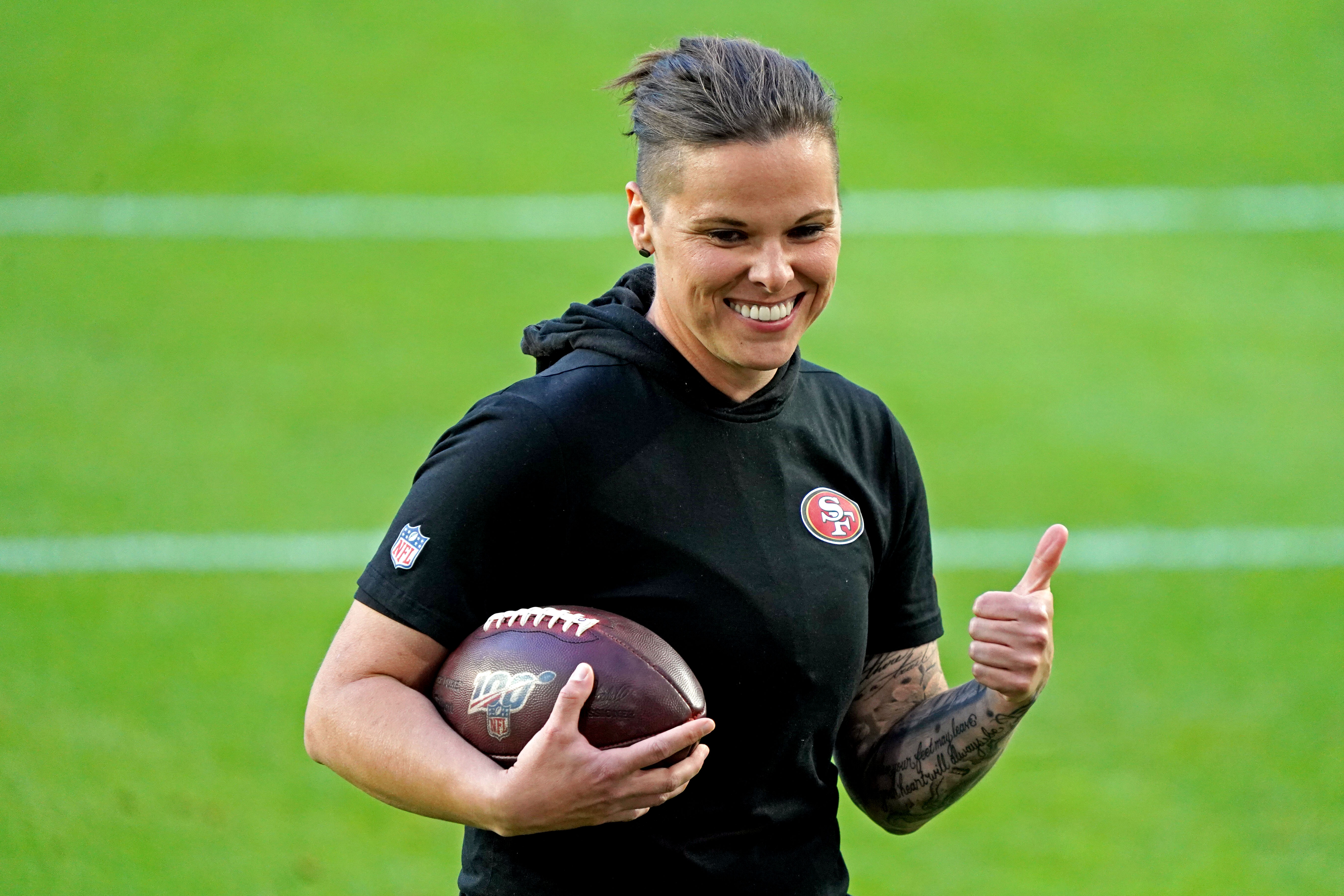 Katie Sowers on the field prior to Super Bowl LIV on Feb. 2, 2020.