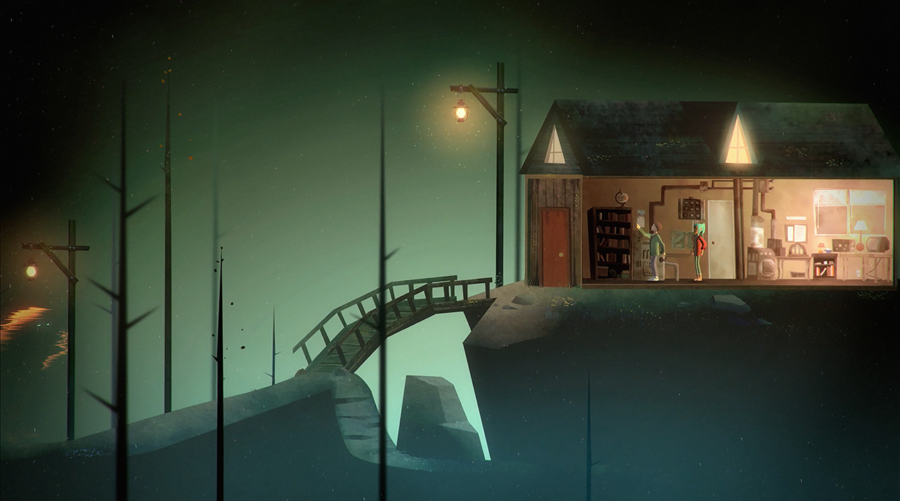 Dark screenshot of a lit up house with two characters inside. A bridge is centered in the frame.