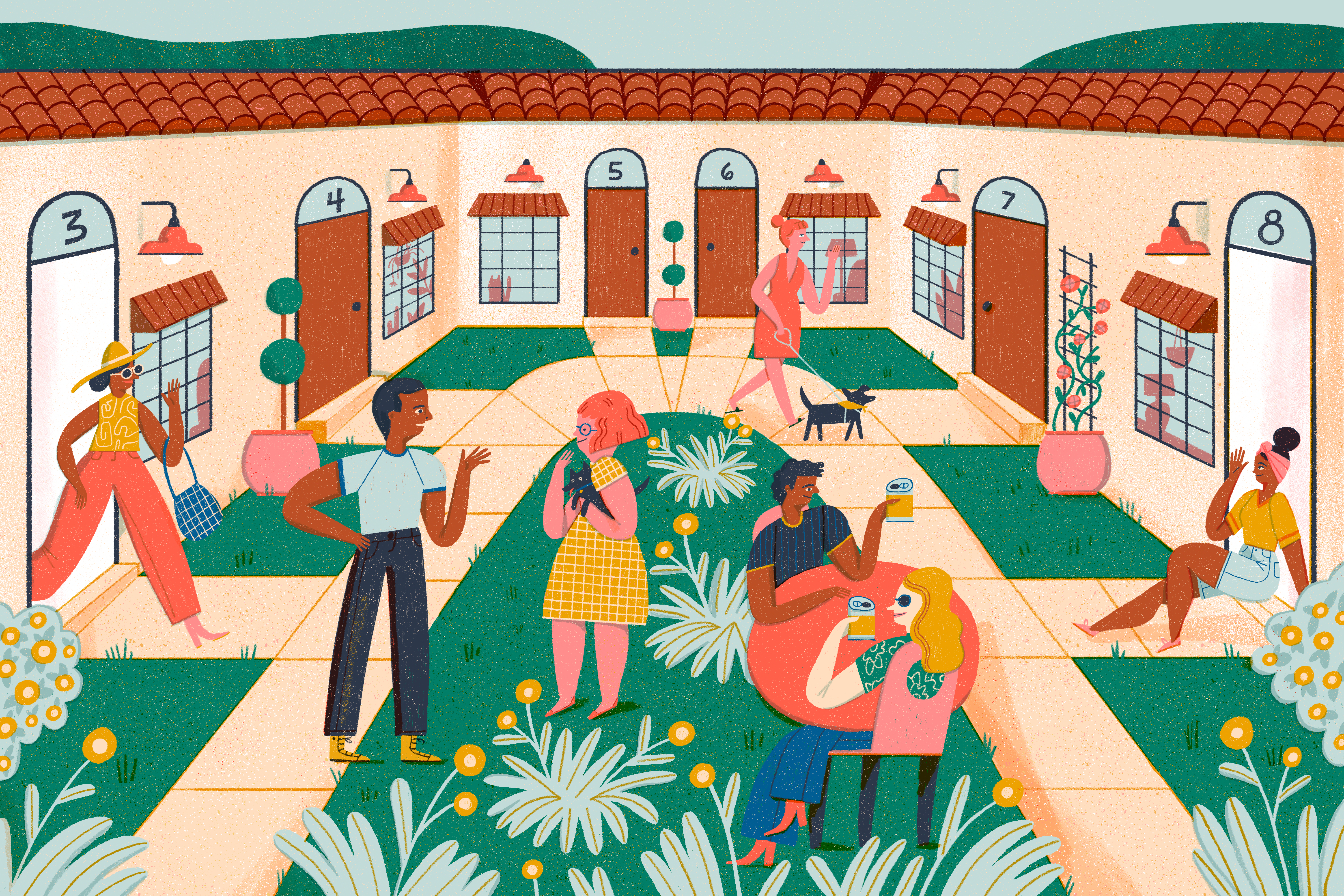 A bustling courtyard scene with various apartment doors and sidewalks all leading to a center loop of sidewalk. Neighbors are outside chatting and catching up over drinks at a small outdoor table, people are coming and going from their front doors with pets or bags from errands. The atmosphere is friendly and lively. Illustration.