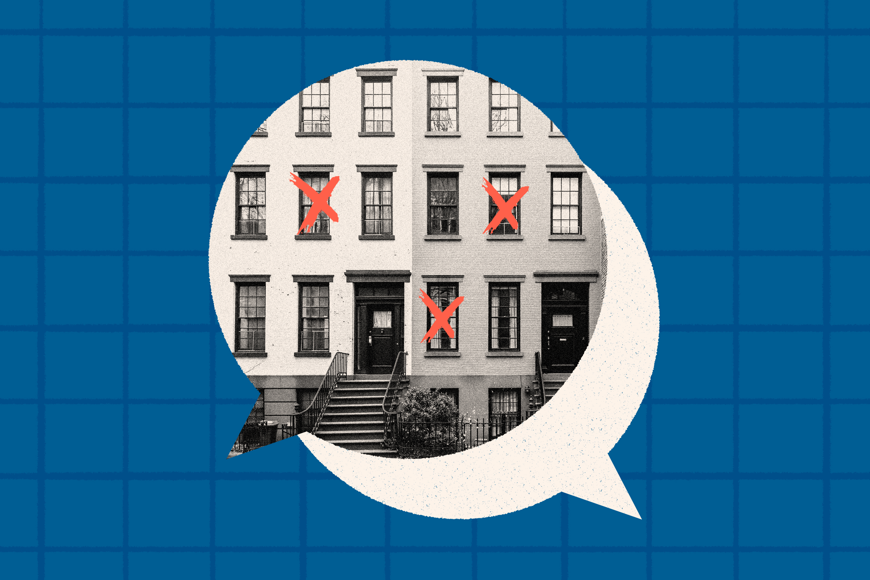 两套连在布鲁克林的房子，窗户上有红色的X标记。场景被框在一个演讲气泡中，在它后面是一个微妙的网格图案。照片说明。