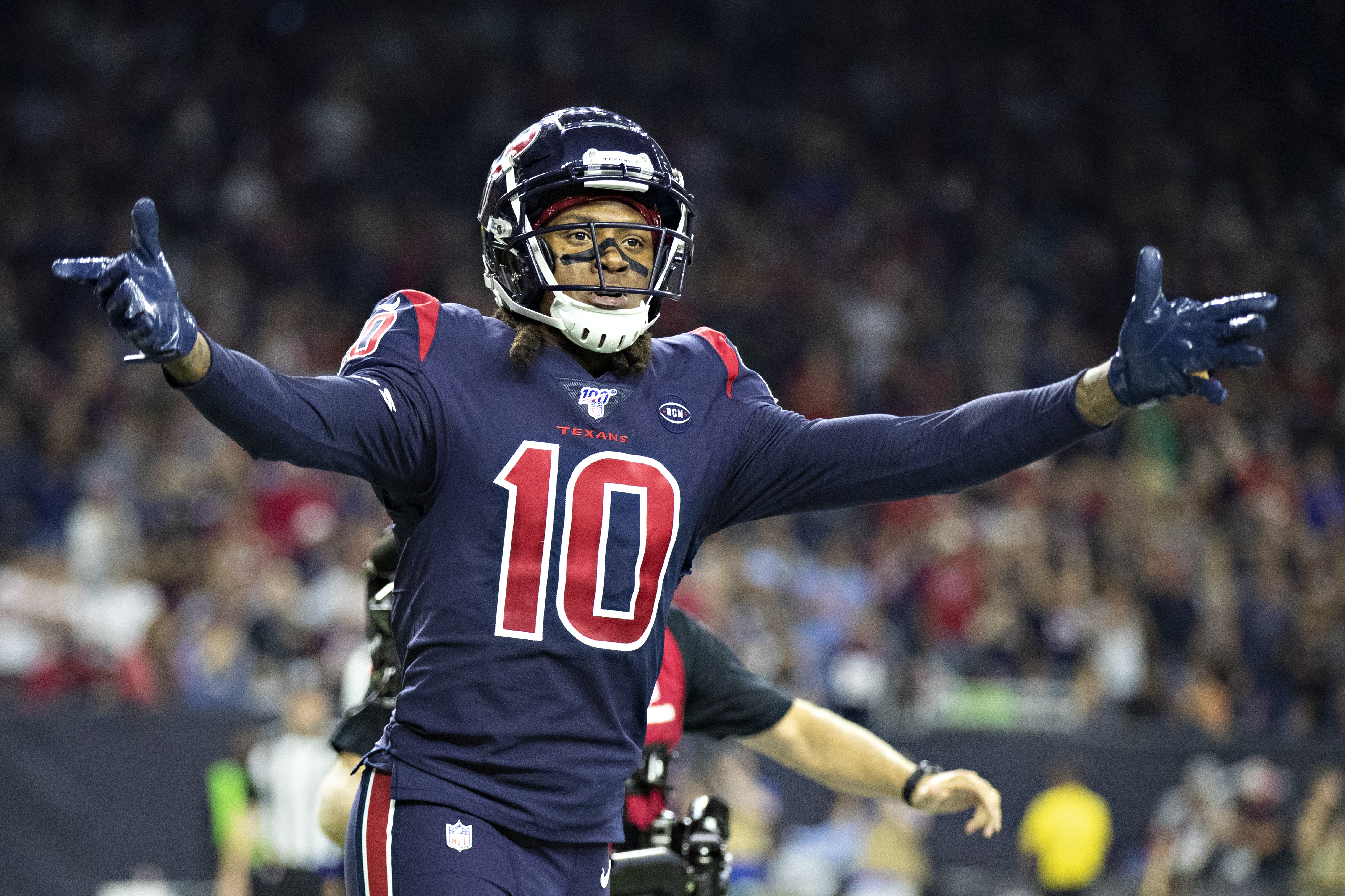 DeAndre Hopkins #10 of the Houston Texans celebrates after catching a pass for a touchdown during the second half of a game against the Indianapolis Colts at NRG Stadium on November 21, 2019 in Houston, Texas. The Texans defeated the Colts 20-17.