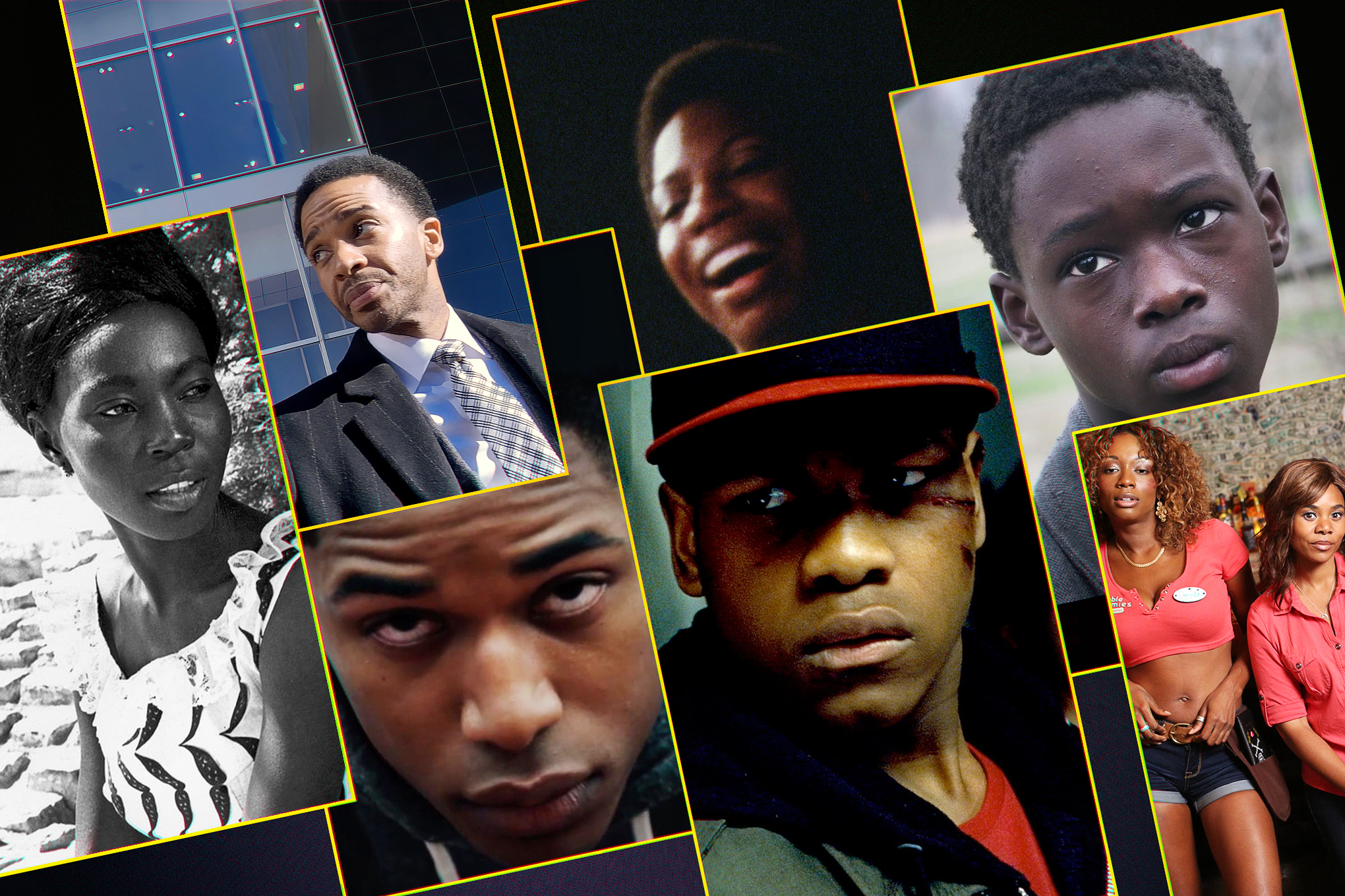 A grid featuring 7 film stills from terrific films about Black lives, in every major genre