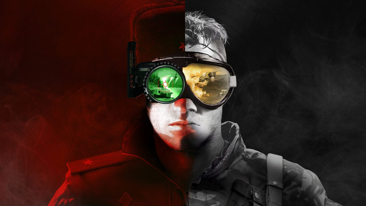 A soldier stares at you with scenes from the game reflected in his glasses