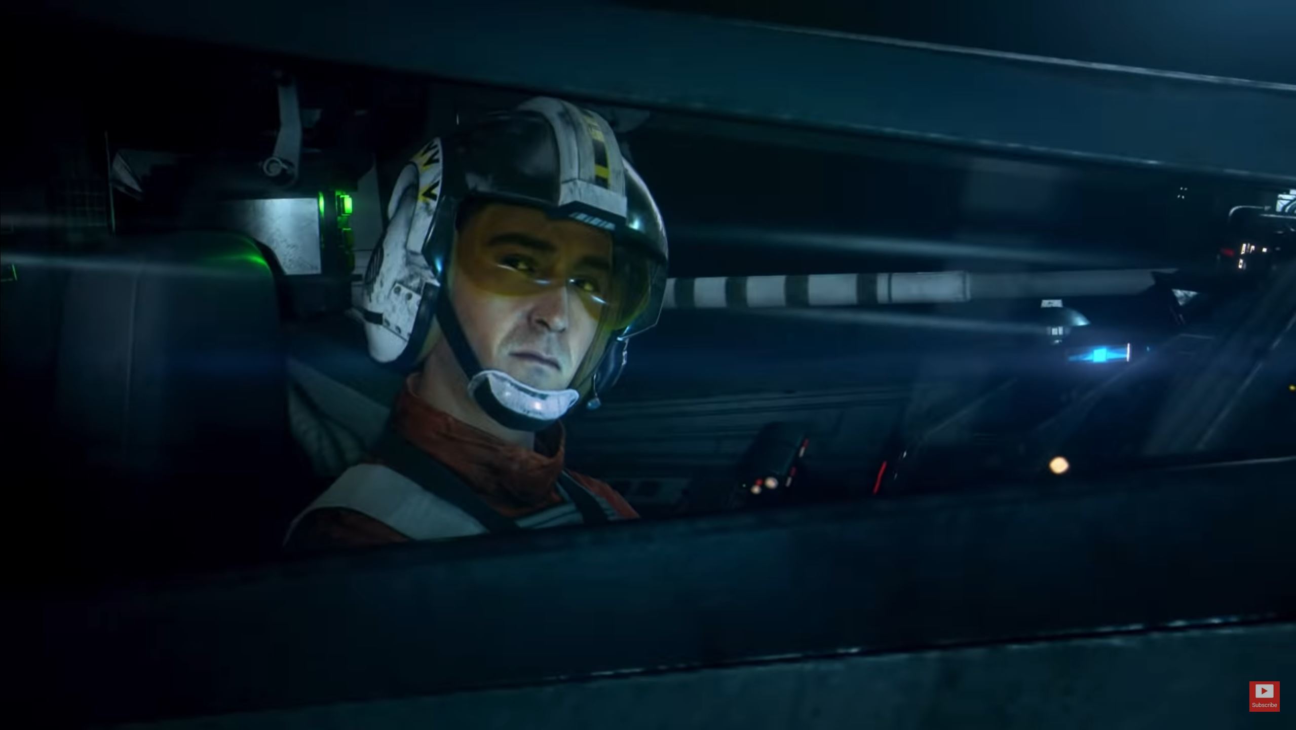 Wedge Antilles inside the cockpit of an X-Wing Fighter in Star Wars: Squadrons