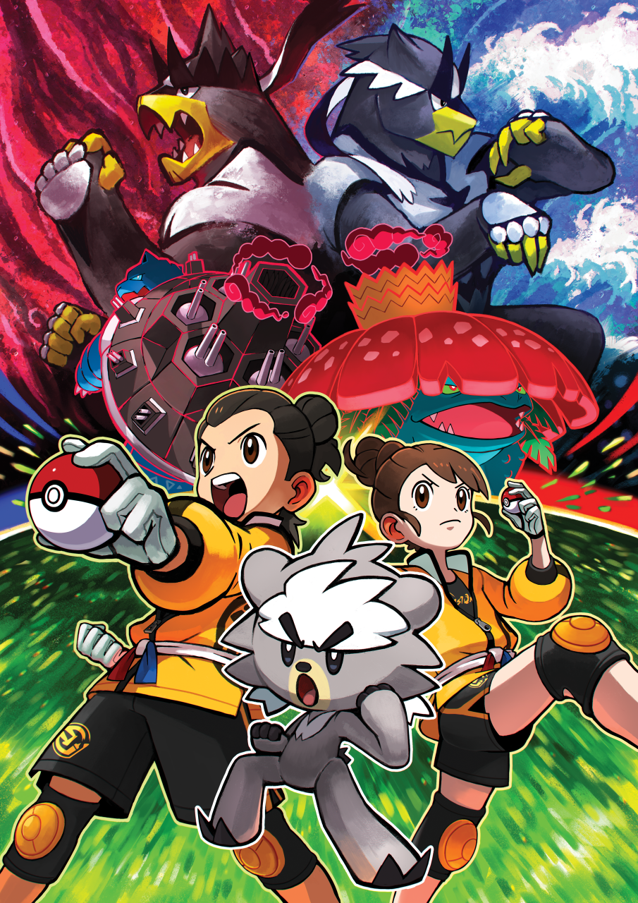 Two Pokémon trainers in dojo uniforms pose while large Urshifu pose behind them for the Isle of Armor Pokémon expansion